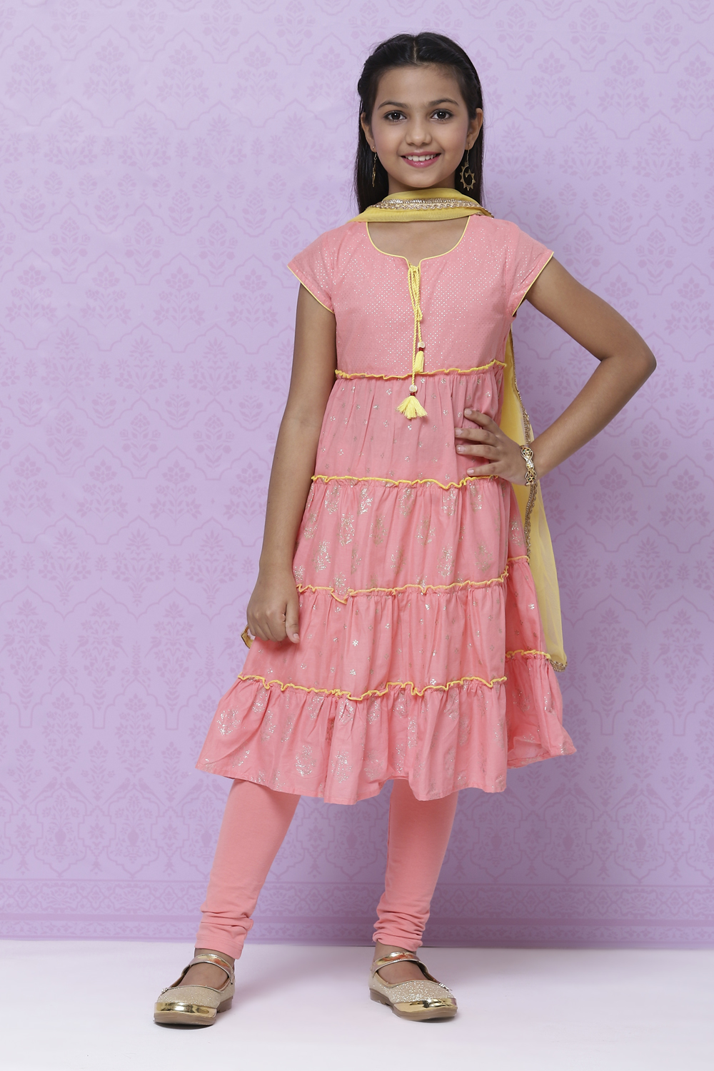 Peach Cotton Girls Tiered Kurta Churidar Suit Set image number 4