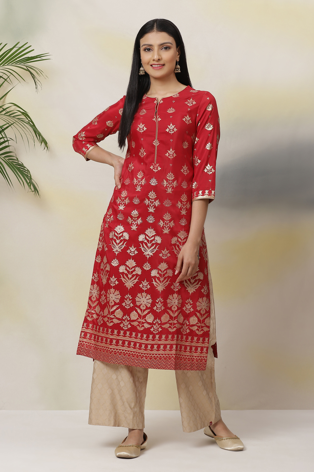 Red Art Silk Straight Printed Kurta image number 0