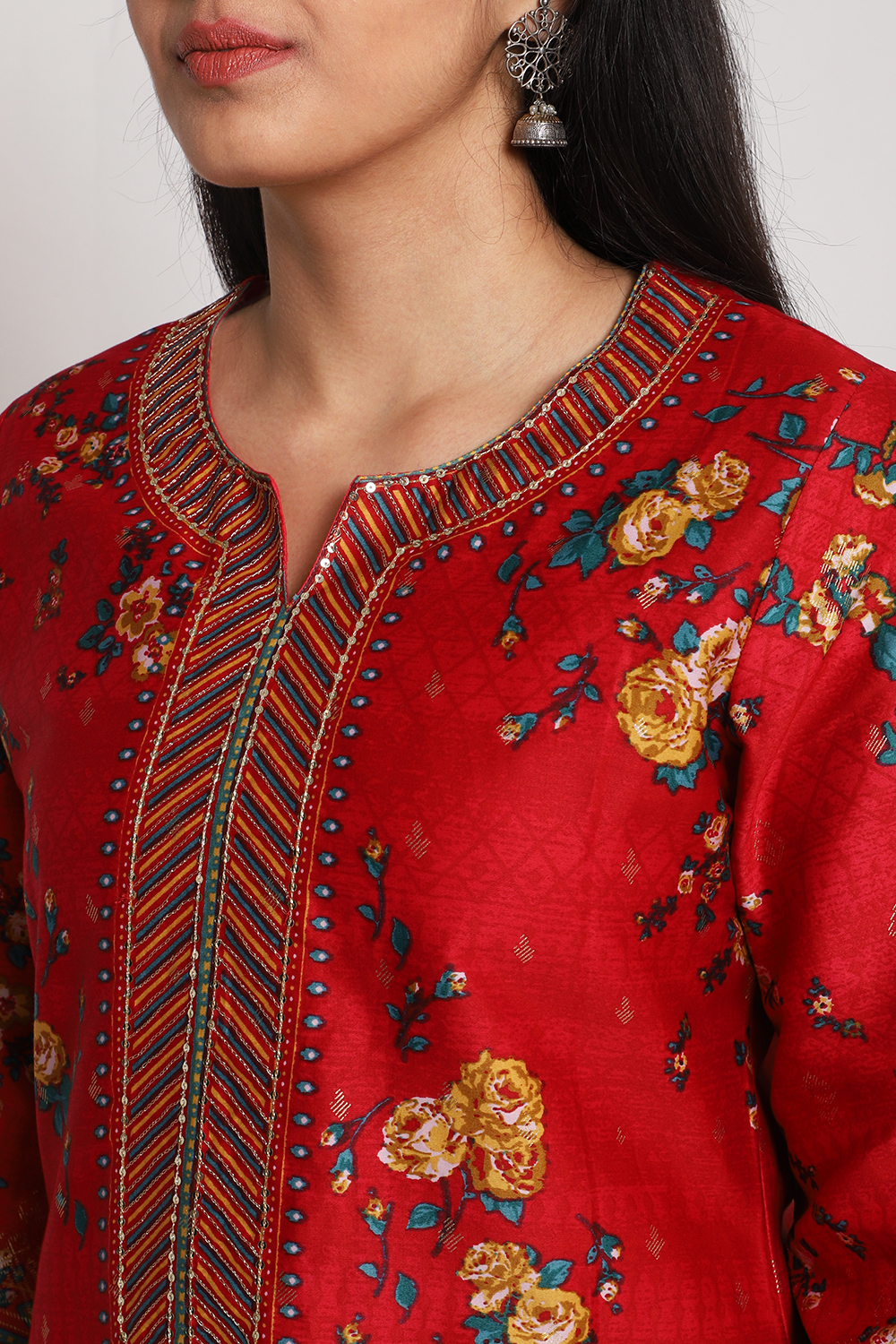 Red Cotton Straight Printed Kurta image number 1