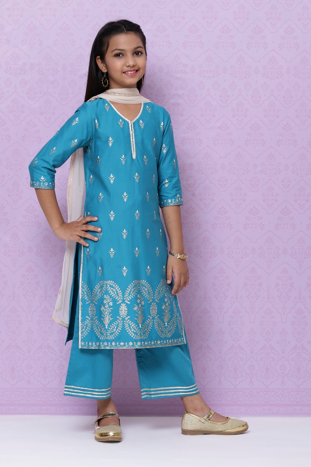 Teal Cotton Girls Straight Straight Kurta Palazzo Suit Set image number 6