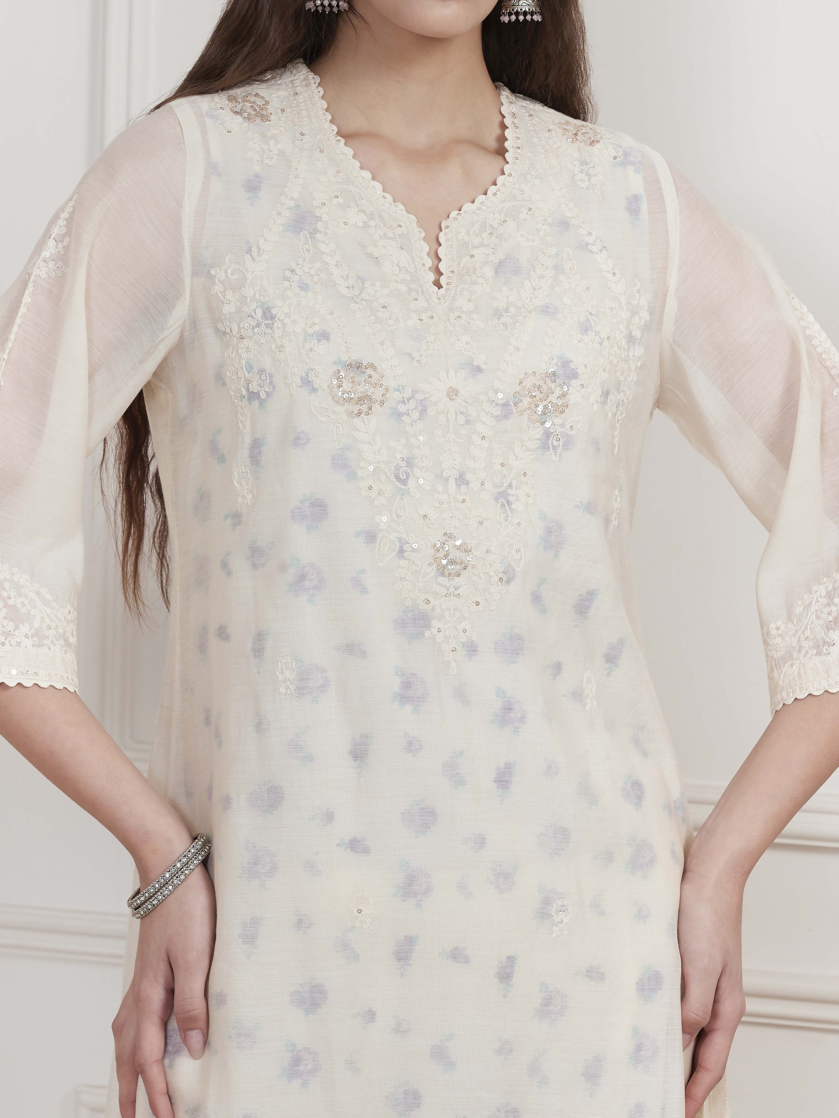 Ivory Poly Chanderi Embroidered Straight Suit Set image number 1