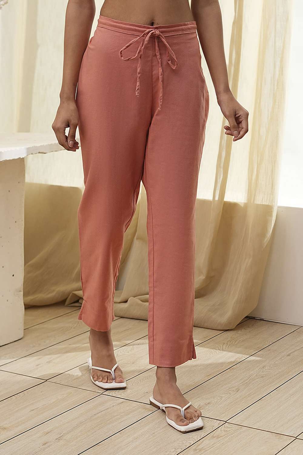 Rust Cotton Solid Regular Pants image number 4