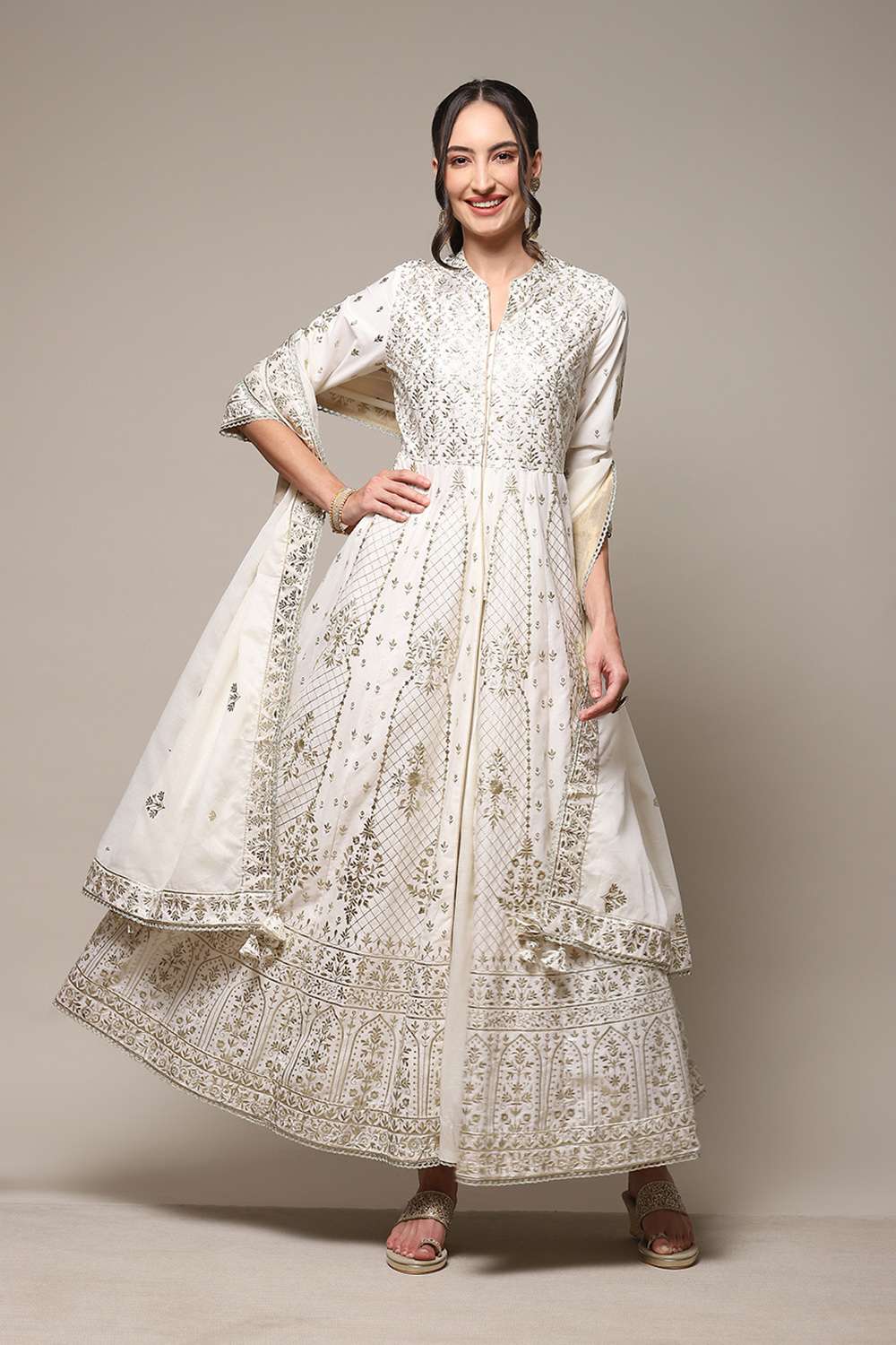 Ivory Cotton Anarkali Kurta Sharara Suit Set image number 0