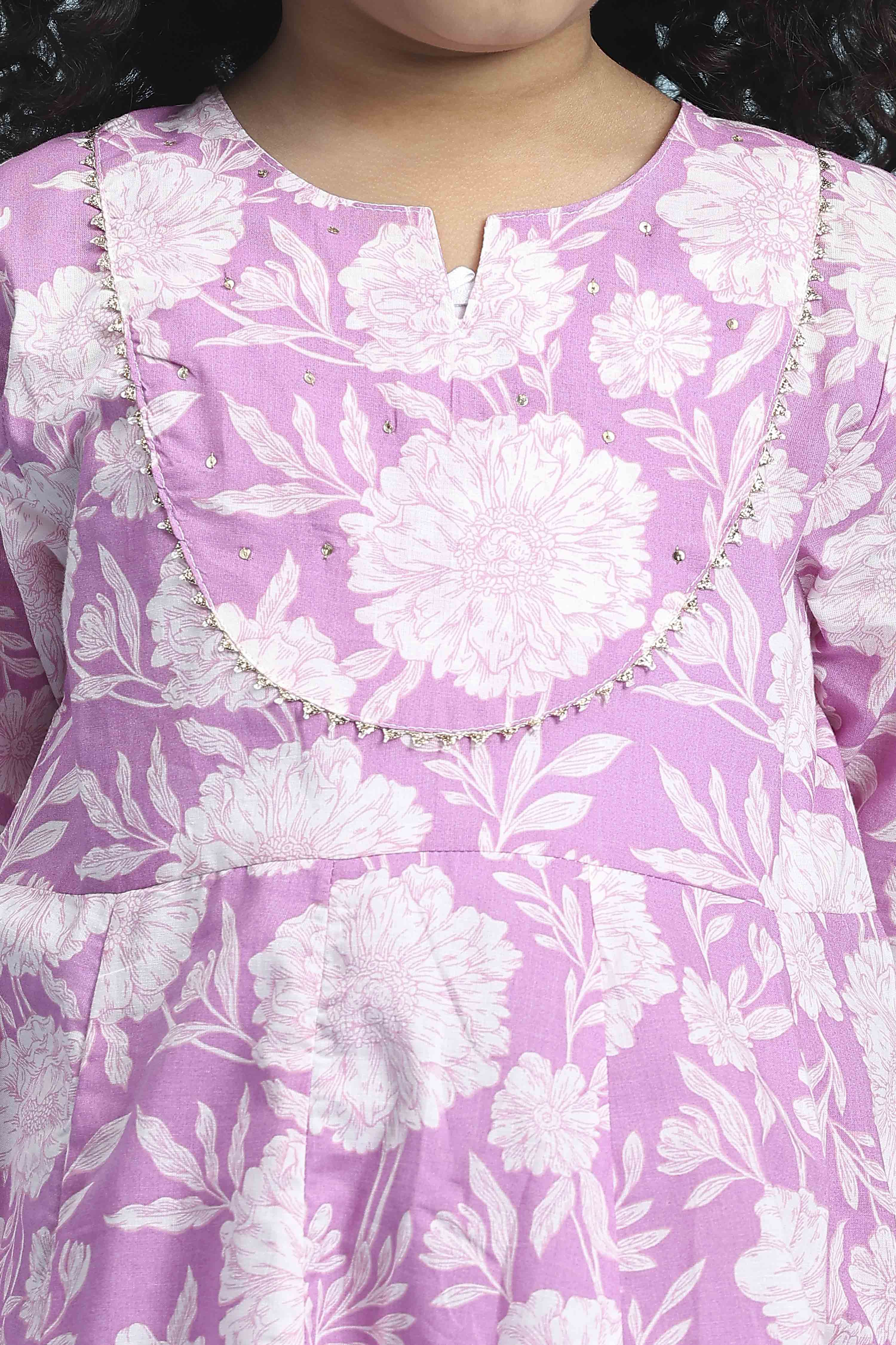 Purple Cotton Printed Kalidar Suit Set image number 1