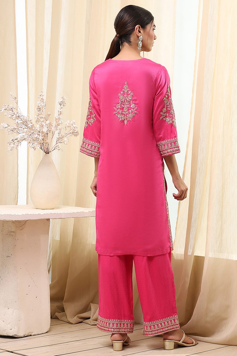 Fuchsia Cotton Silk Straight Suit Set image number 4