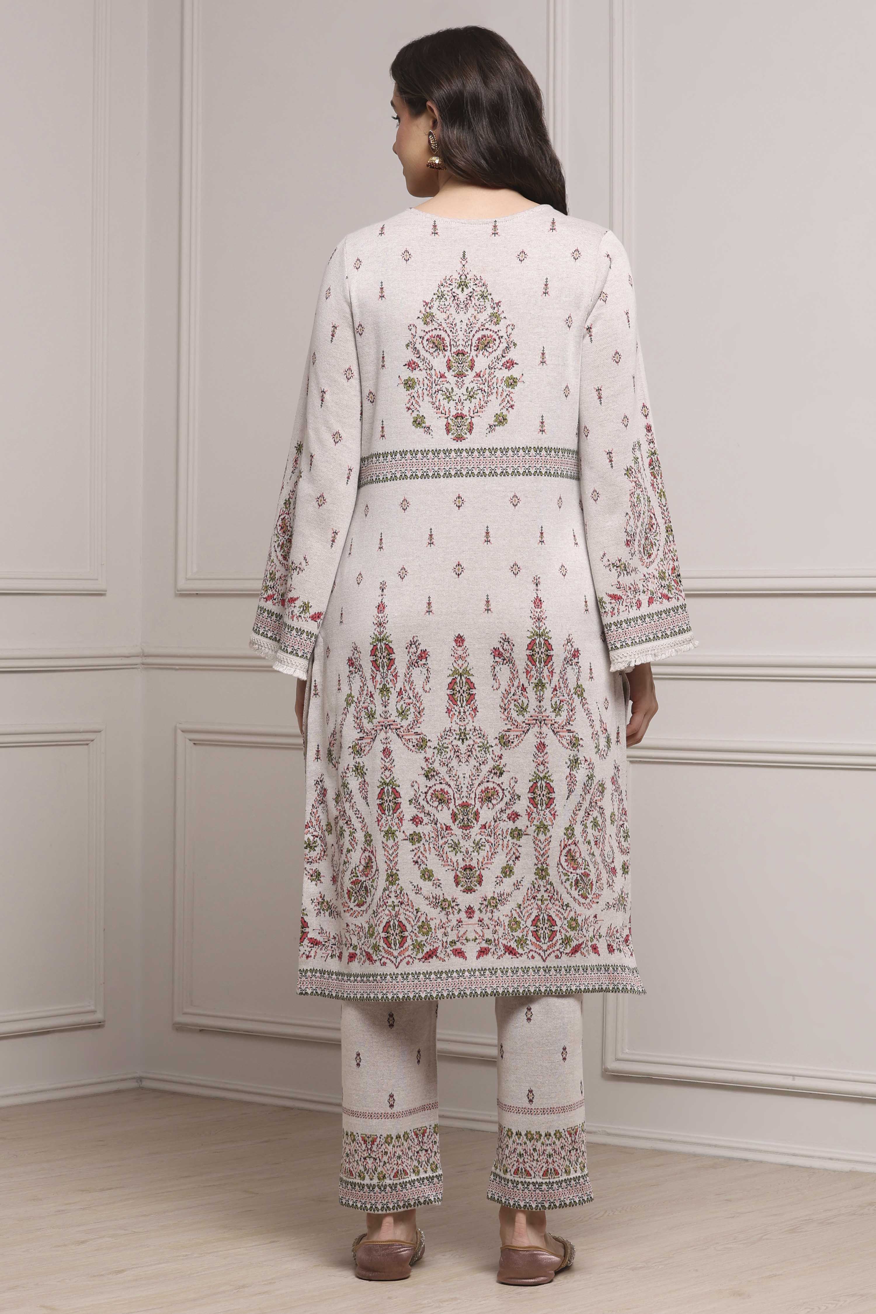 Ivory Cotton Blend Yarndyed Straight Suit Set image number 4