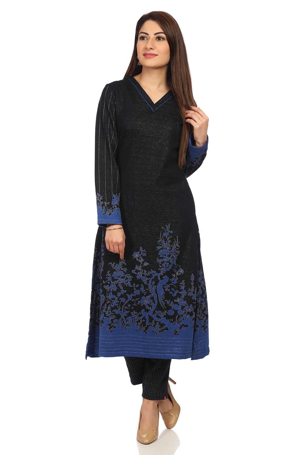 Black Poly Metallic Cotton Straight Printed Kurta image number 0