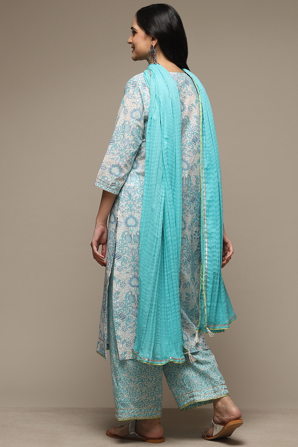 Off White & Blue Cotton Straight Kurta Palazzo Suit Set image number 4