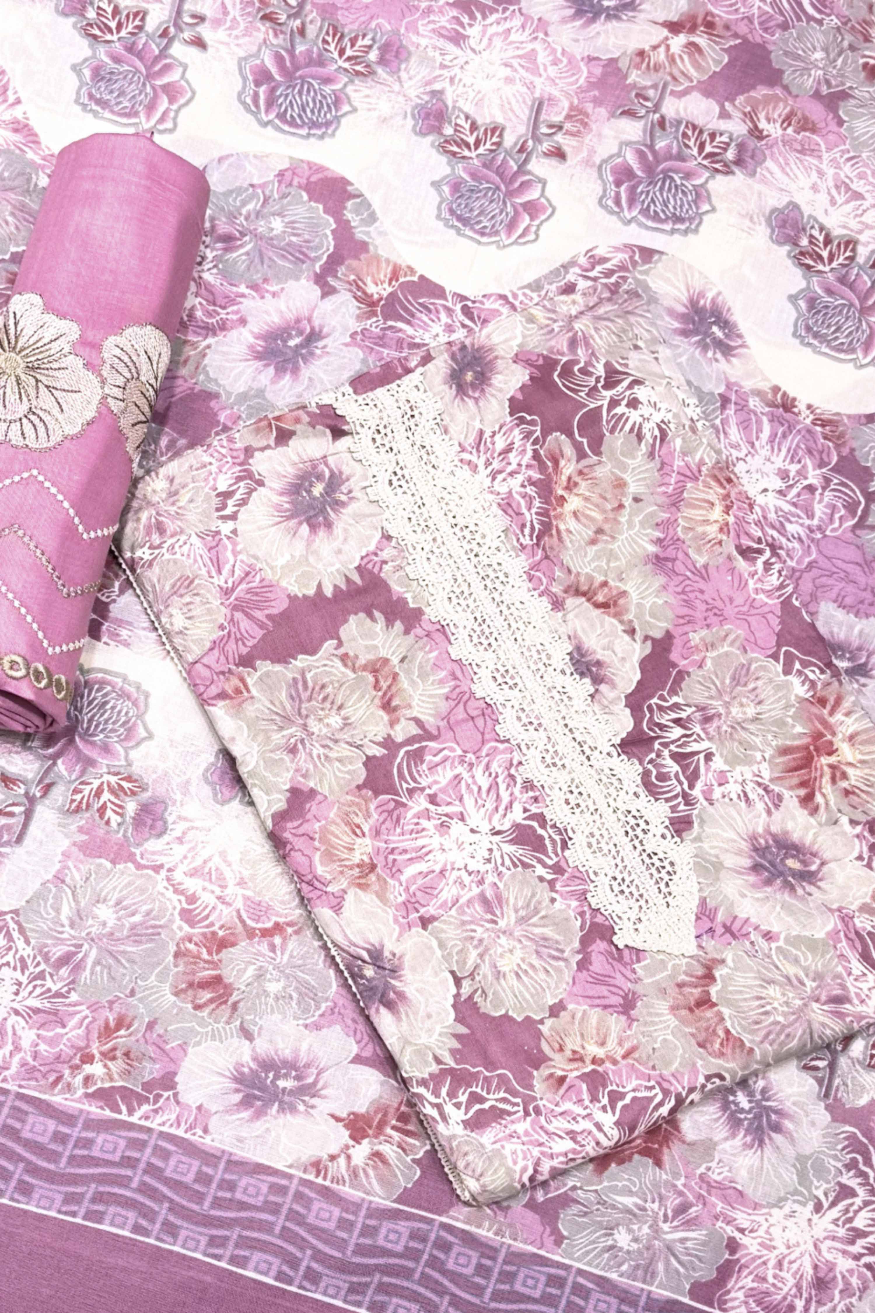 Grey Cotton Printed Unstitched Suit Set image number 1