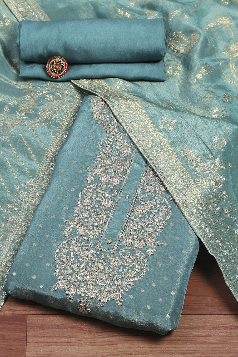 Pastel Blue Tissue Woven Unstitched Suit Set image number 0