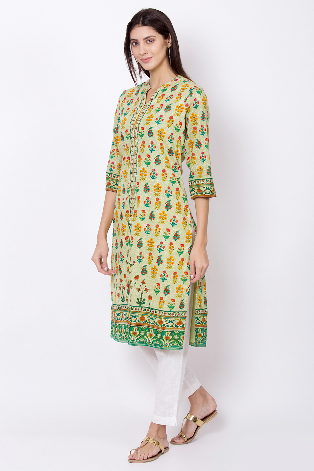 Green Cotton Front Slit Printed Kurta image number 2