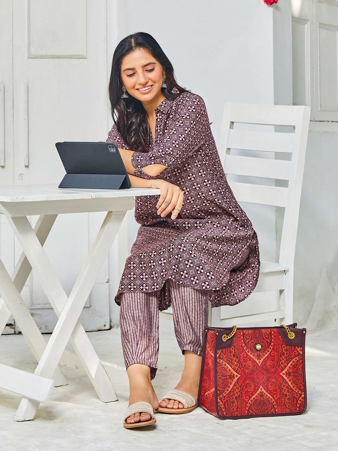 Pink & Purple Poly Viscose Straight Printed 2 Piece Set image number 0