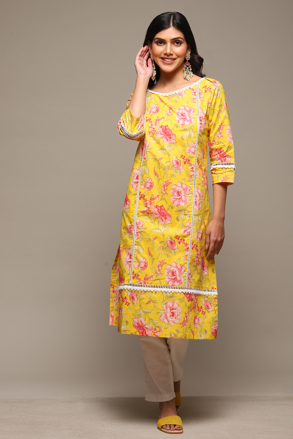 Pink Cotton Straight Printed Kurta image number 5