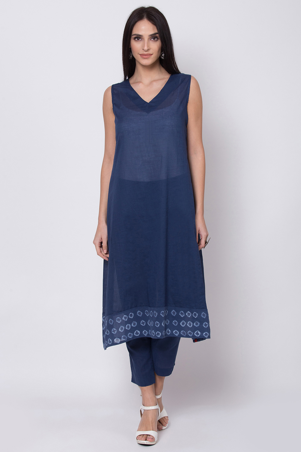 Blue Art Silk A-Line Kurta Slim Pant Suit Set image number 3