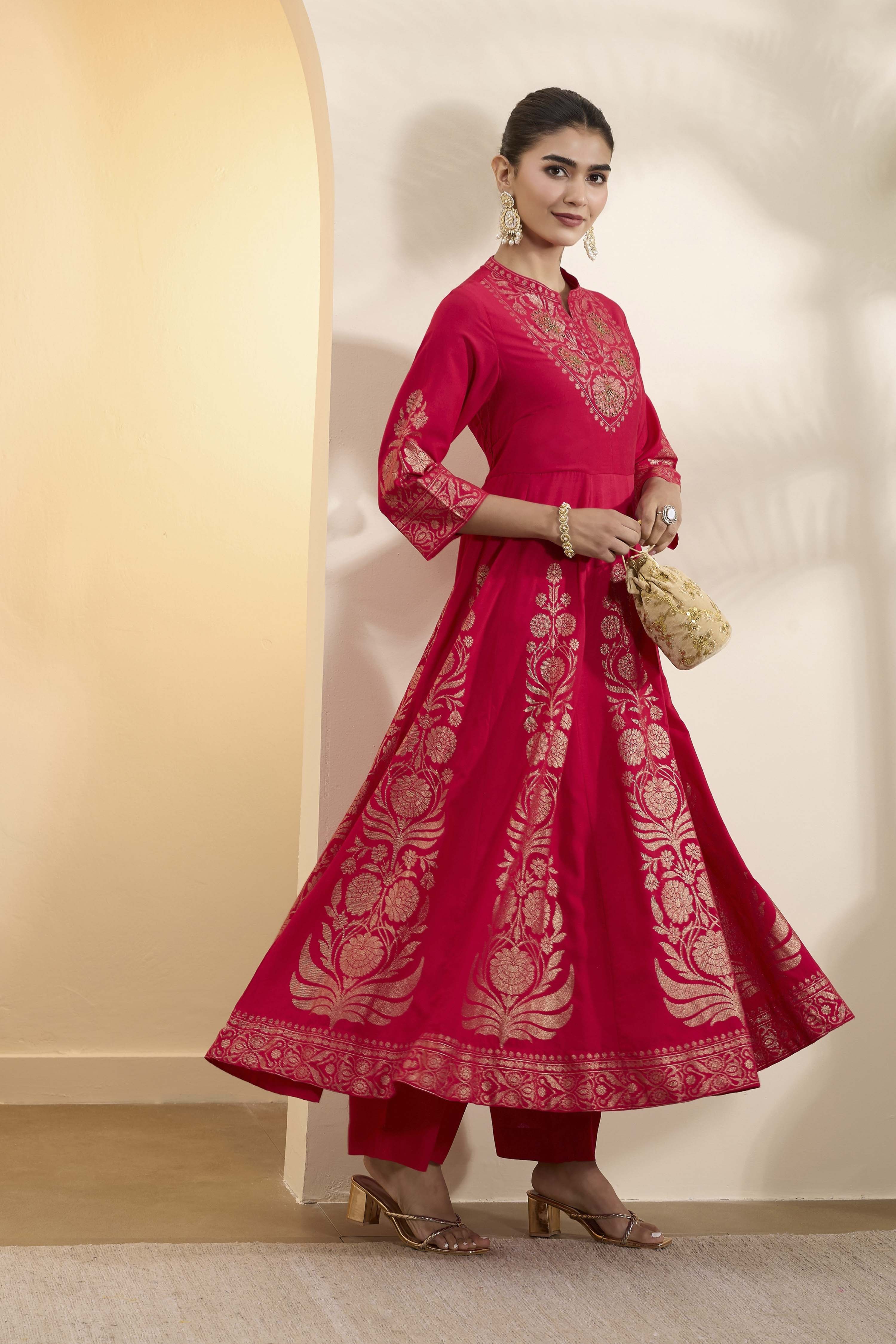 Red Poly Viscose Anarkali Kurta Set image number 6