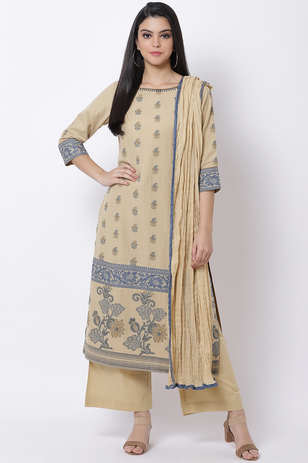 Beige Cotton Straight Kurta Palazzo Suit Set image number 0