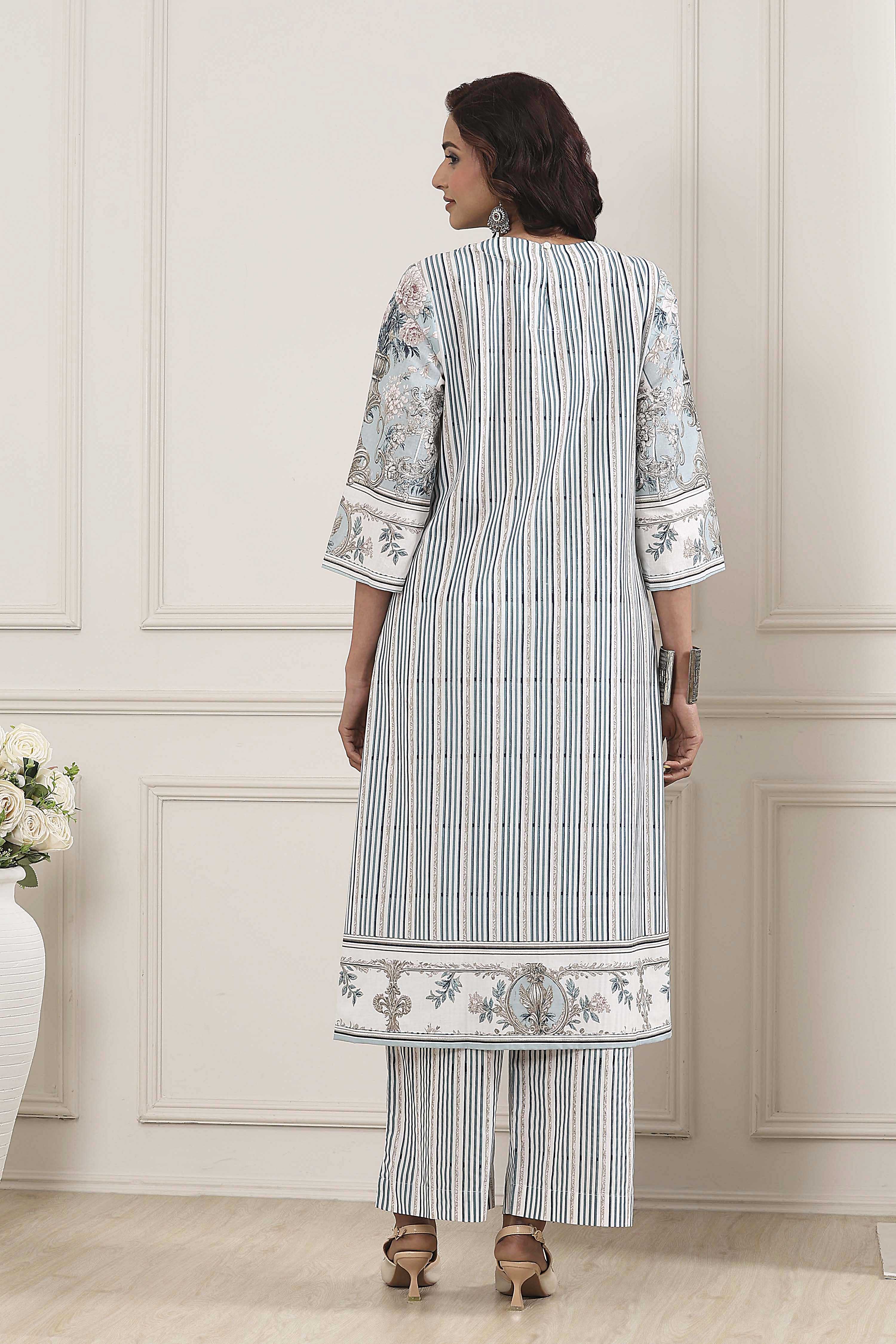 Khaki Green Cotton Floral Printed Straight Suit Set image number 4