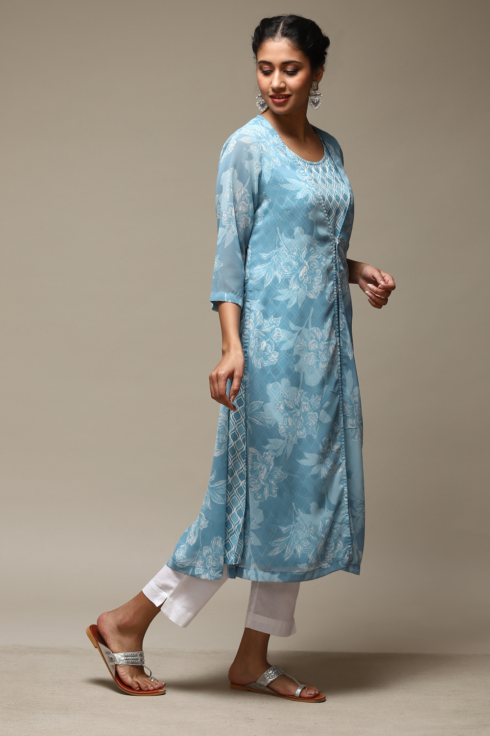 Teal LIVA Blend Straight Printed Kurta image number 5