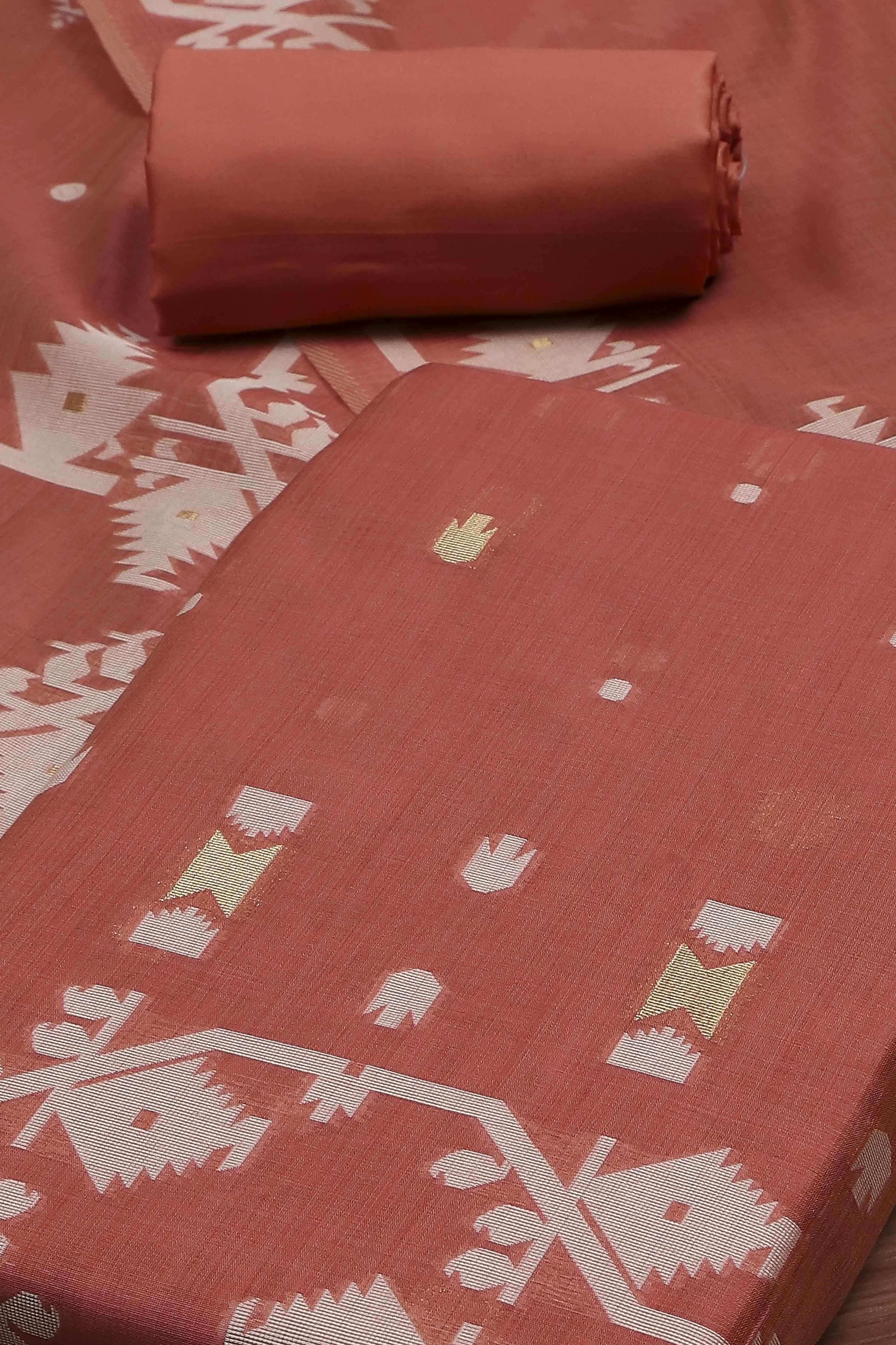 Rust Cotton Jamdani Unstitched Suit Set image number 1