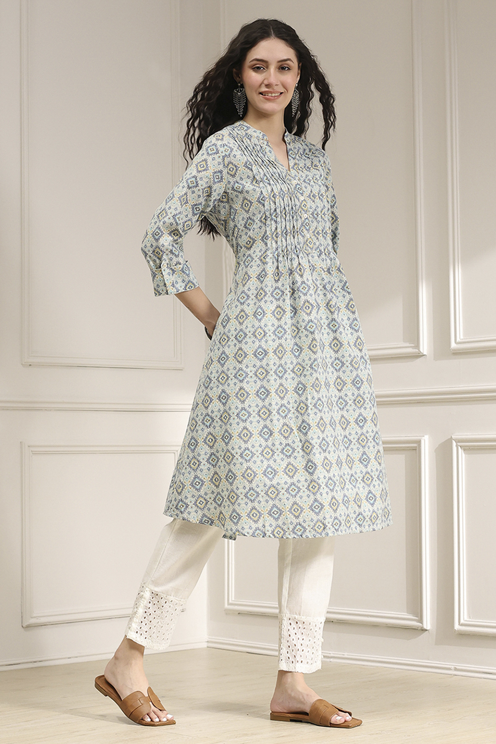 Blue Cotton Printed A-Line Kurta image number 4