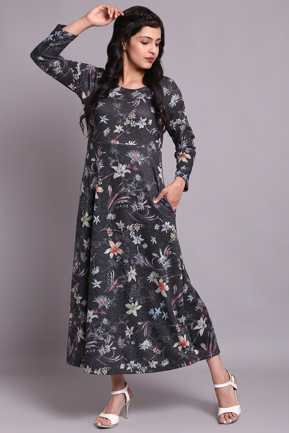 Charcoal Grey Woolen Printed Dress image number 0