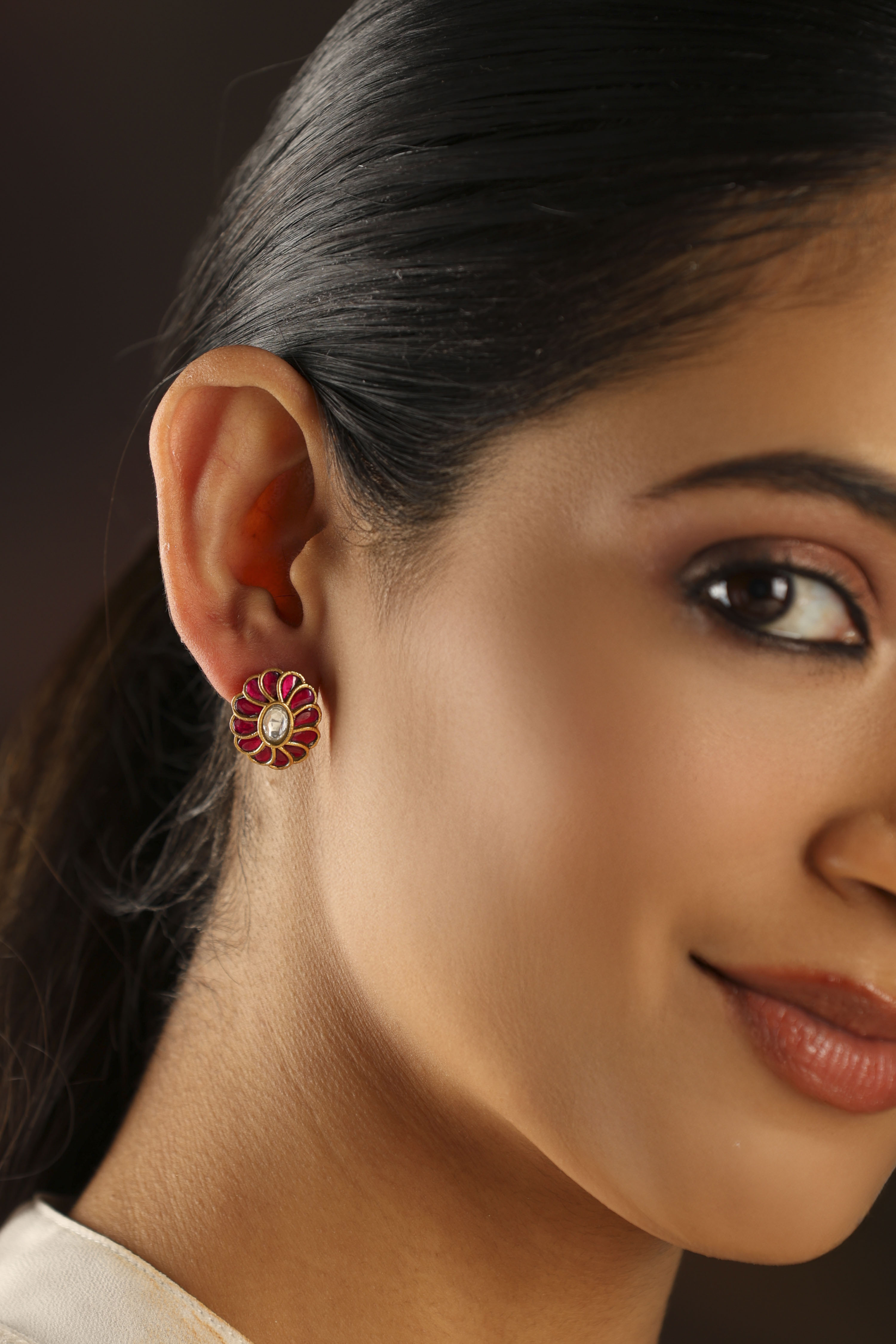 Pink Gold Plated Brass Floral Studs image number 1