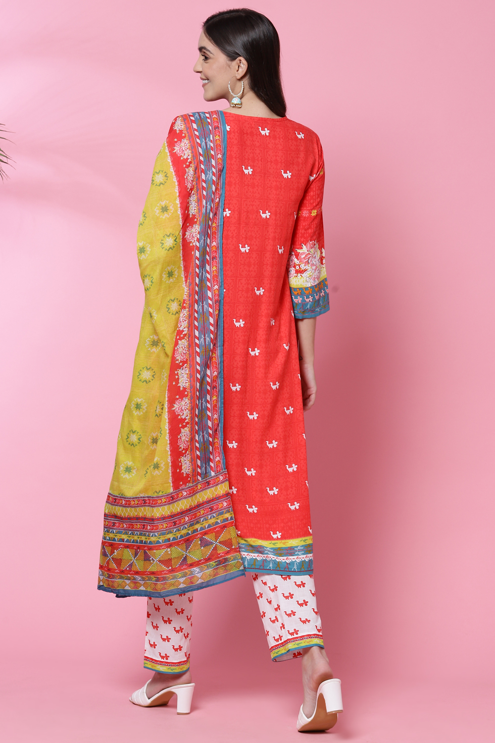 Red Rayon Straight Kurta Flared Palazzo Suit Set image number 7