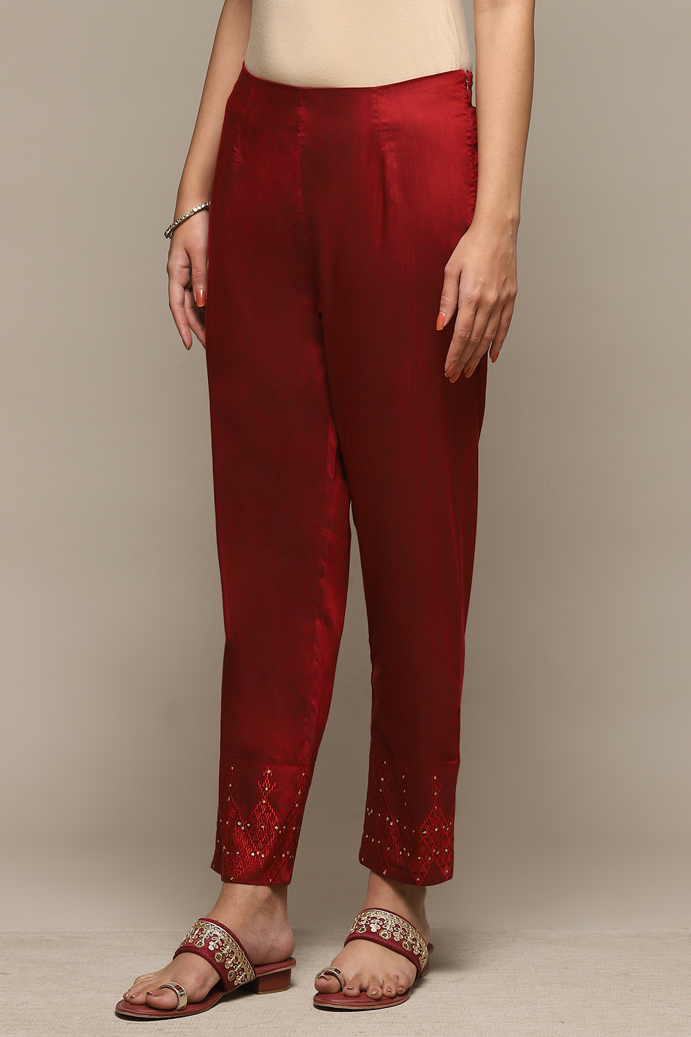 Maroon Viscose Yarndyed Narrow Pant image number 2