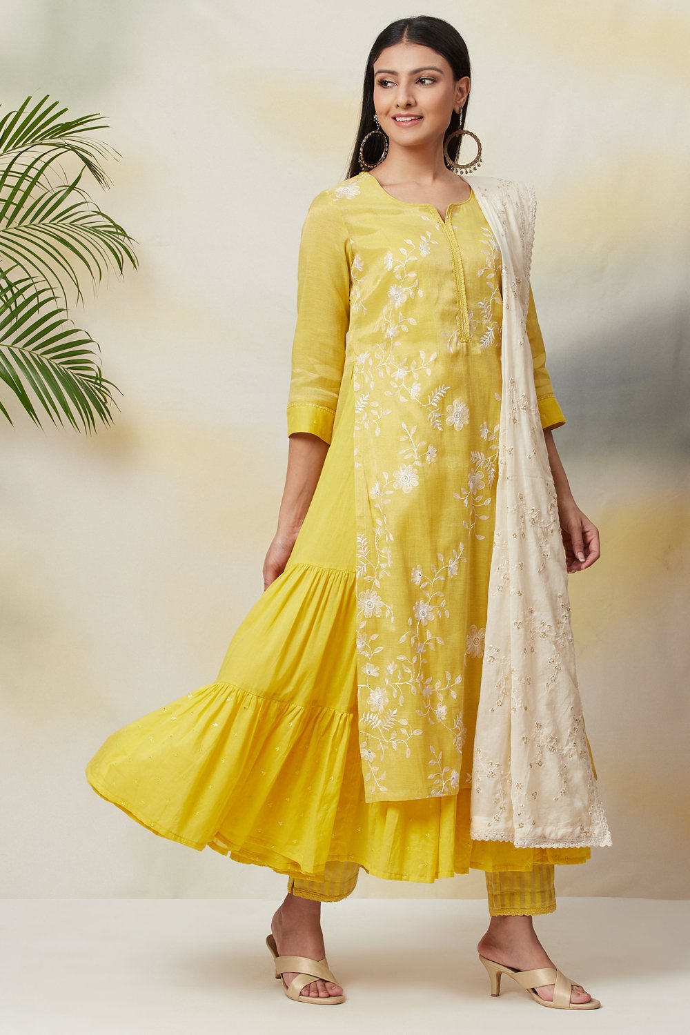 Lime Yellow Cotton Straight Kurta Slim Pant Suit Set image number 0