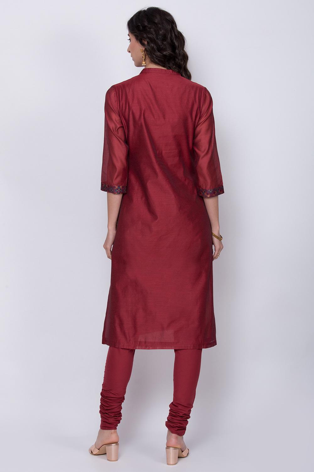 Maroon Straight Kurta Churidar Suit Set image number 4