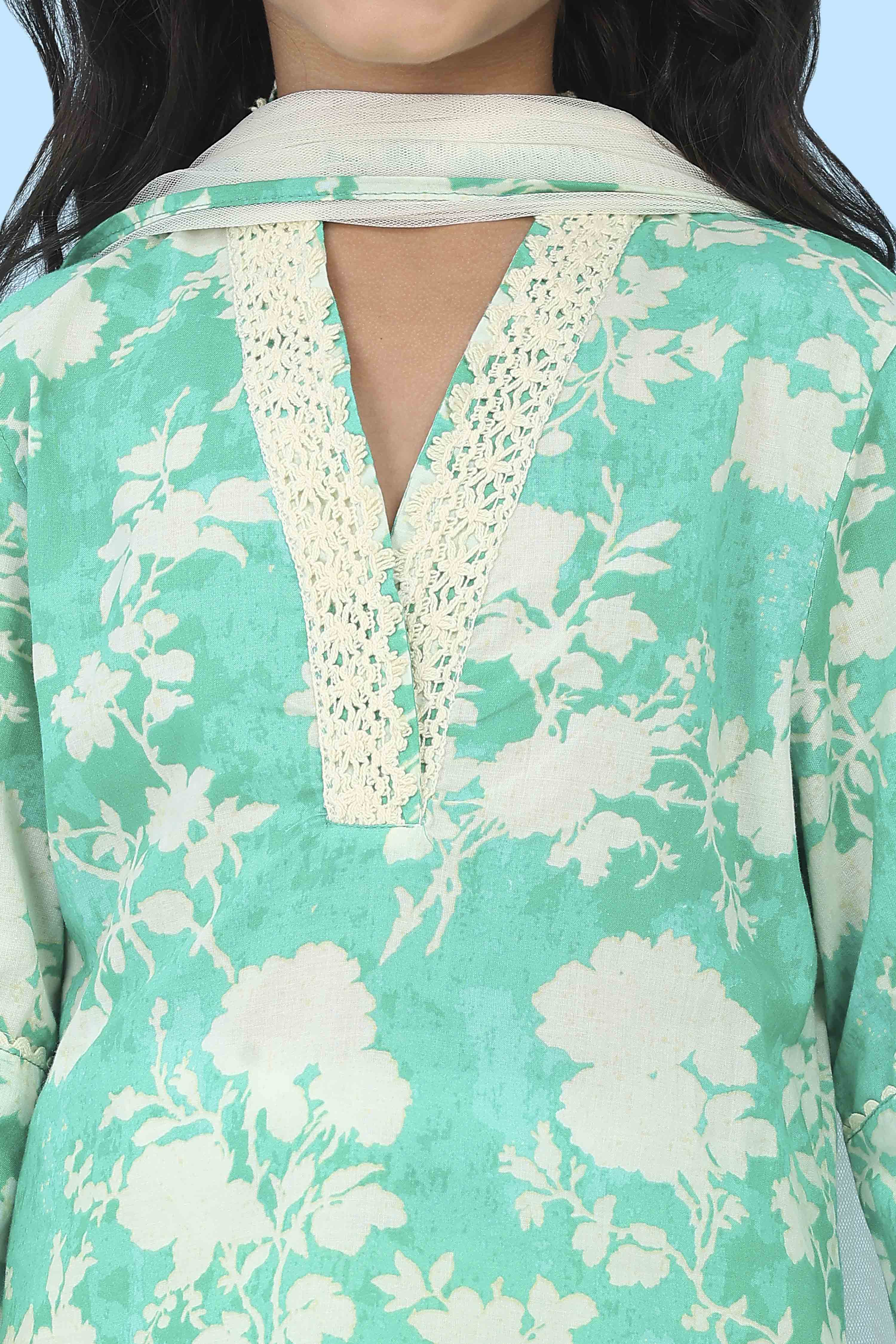 Green Cotton Printed Straight Suit Set image number 1