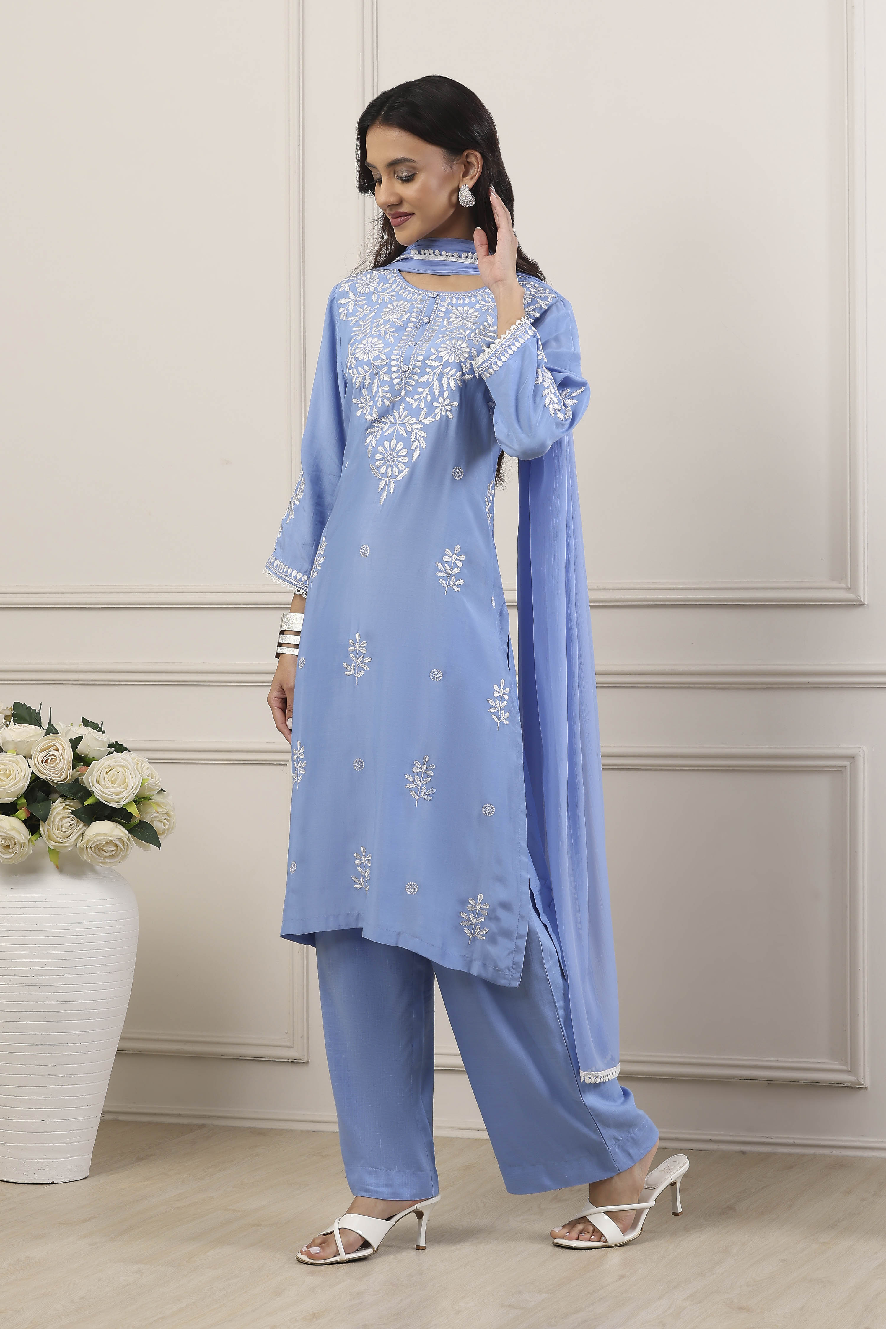 Blue Poly Viscose Straight Suit Set image number 4