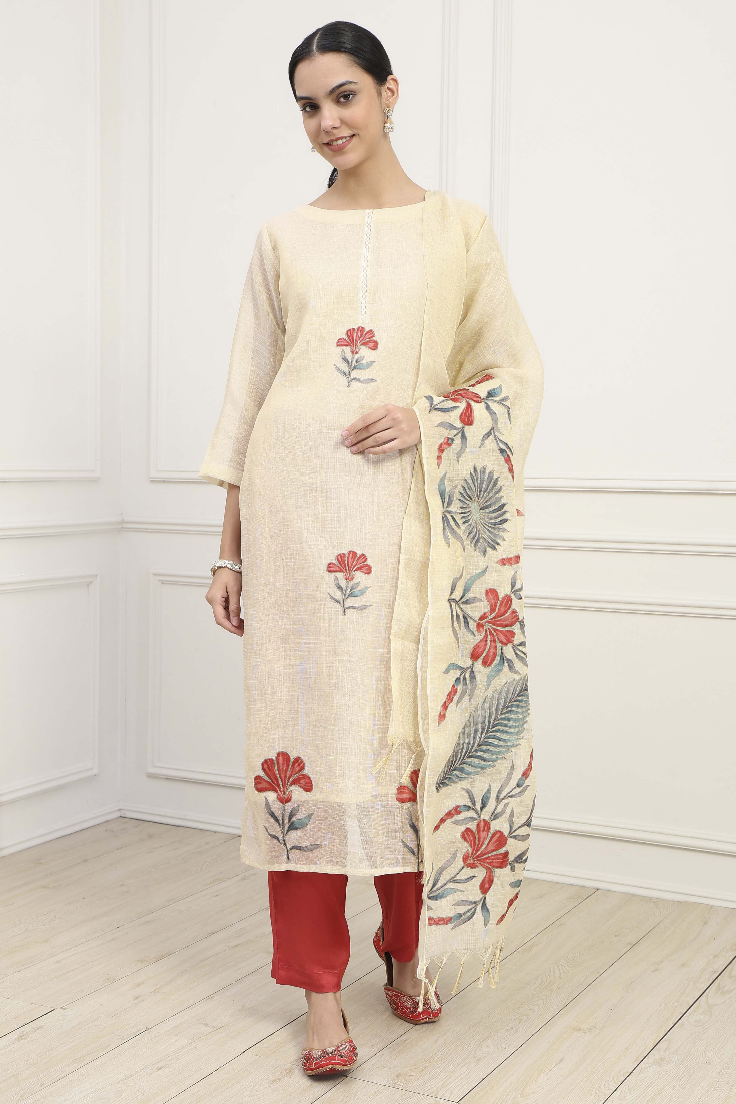 Beige Red Tissue Applique Unstitched Suit Set image number 1