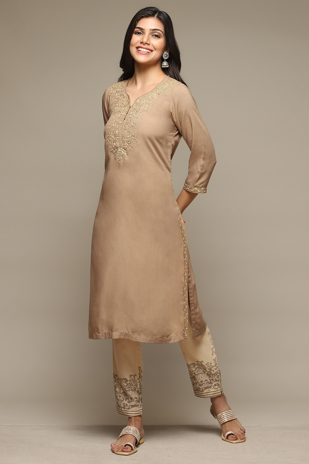 Brown Rayon Straight Kurta Pants Suit Set image number 0