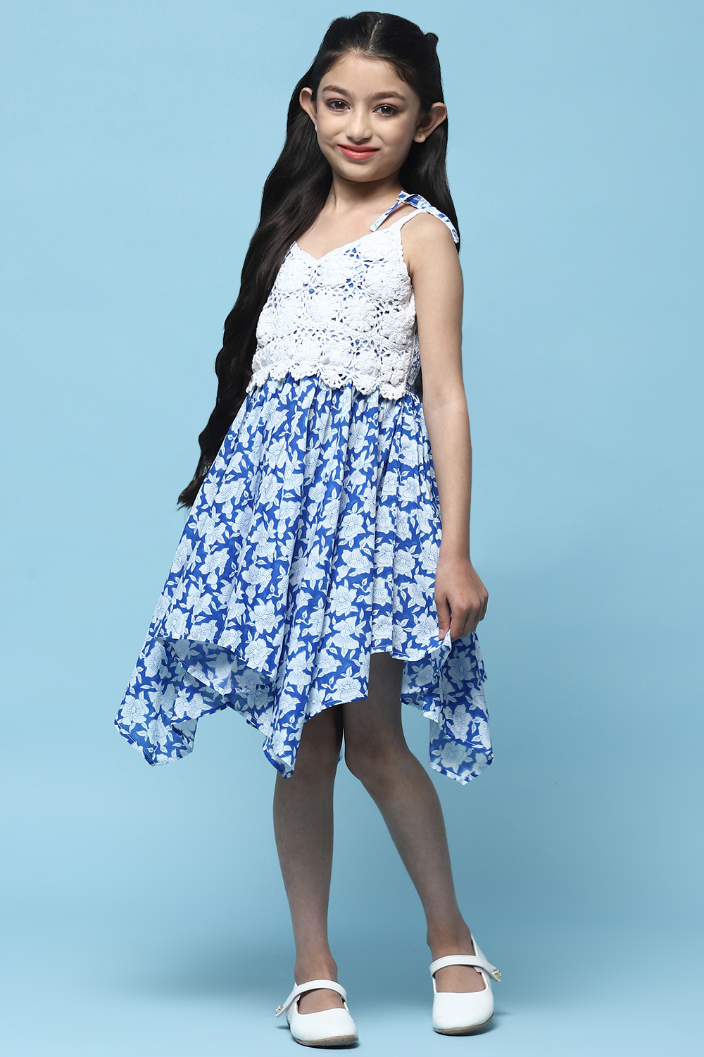 Blue White Cotton Gathered Dress image number 0