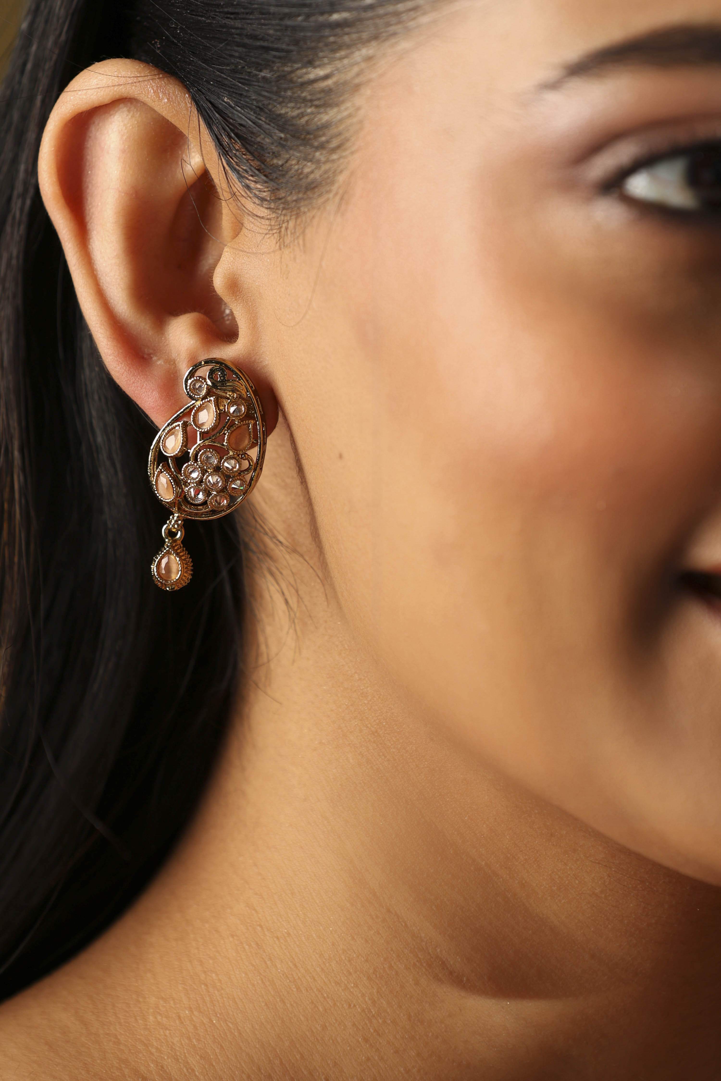 Gold Plated Brass Stone Studded Drop Earrings image number 1