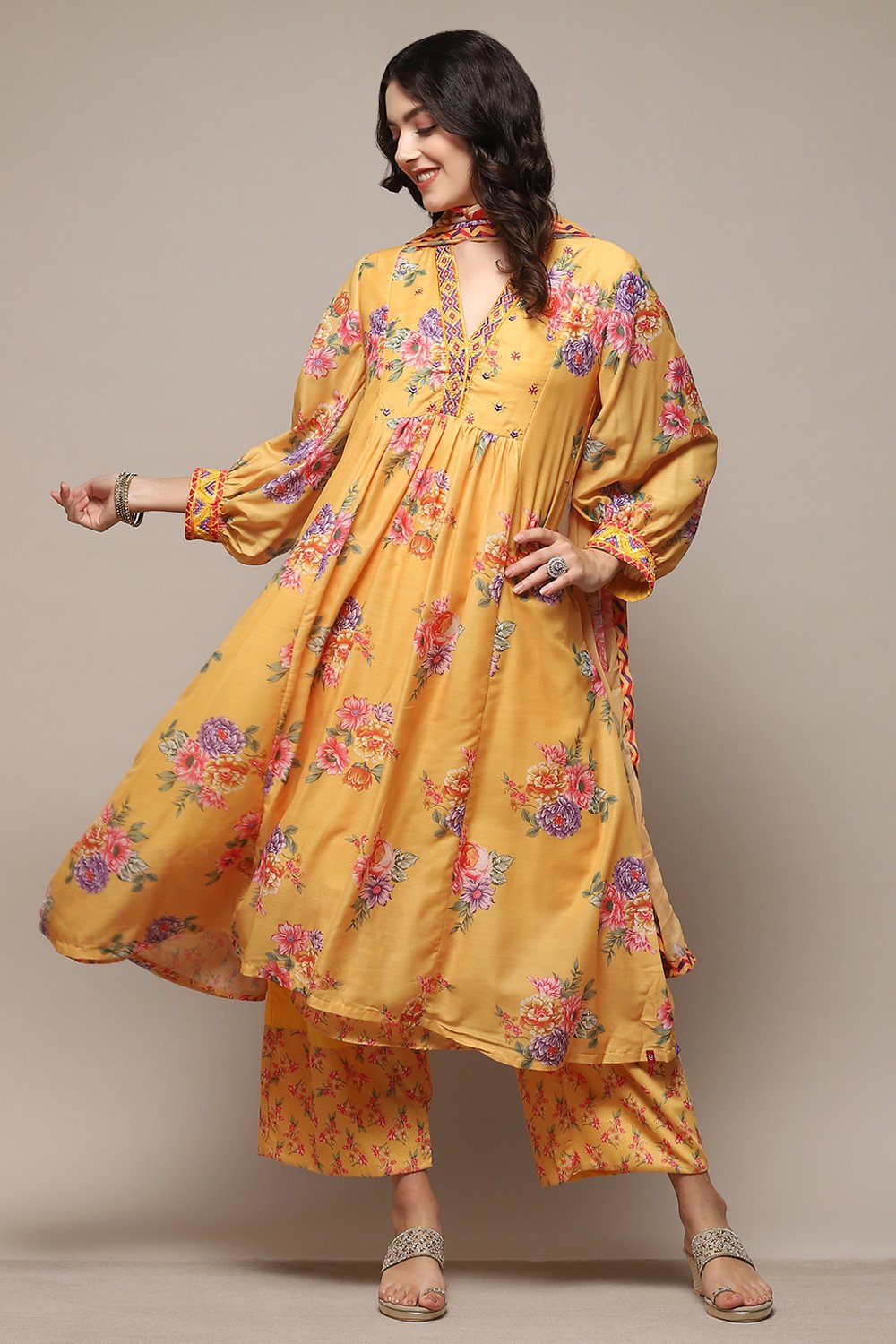 Yellow Poly Viscose A-Line Printed Kurta Palazzo Suit Set image number 0