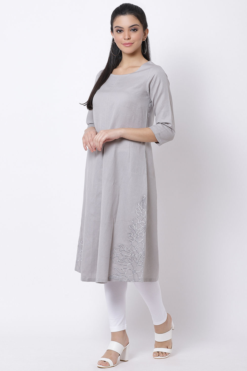 Grey Cotton Linen A-Line Yarndyed Kurta image number 2