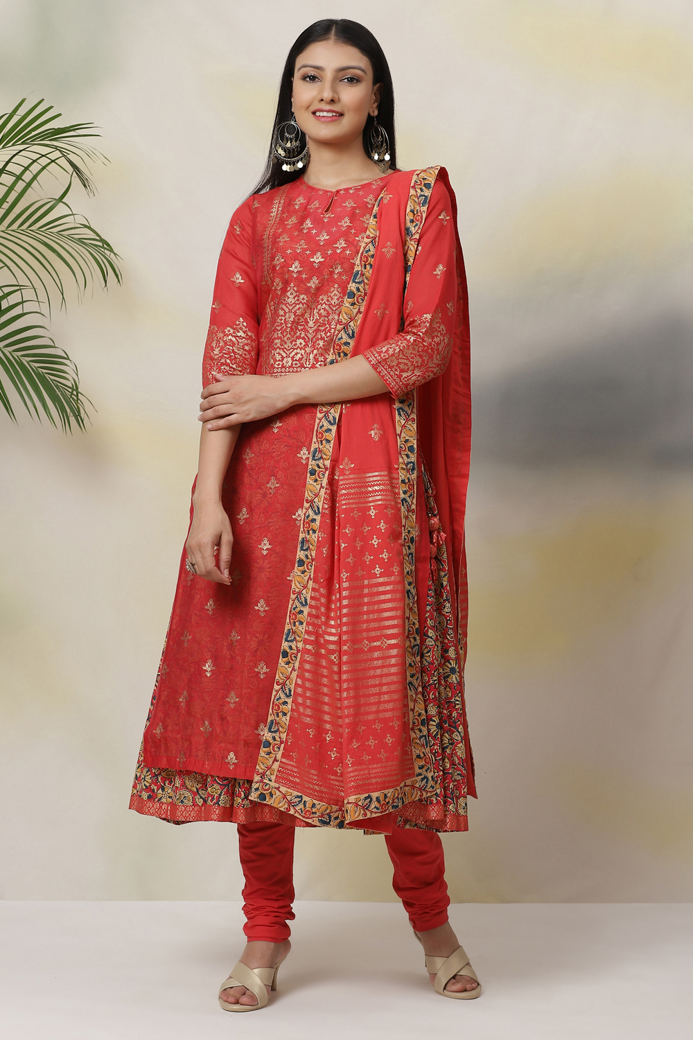 Red Art Silk Double Layered  Kurta Churidar Suit Set image number 0