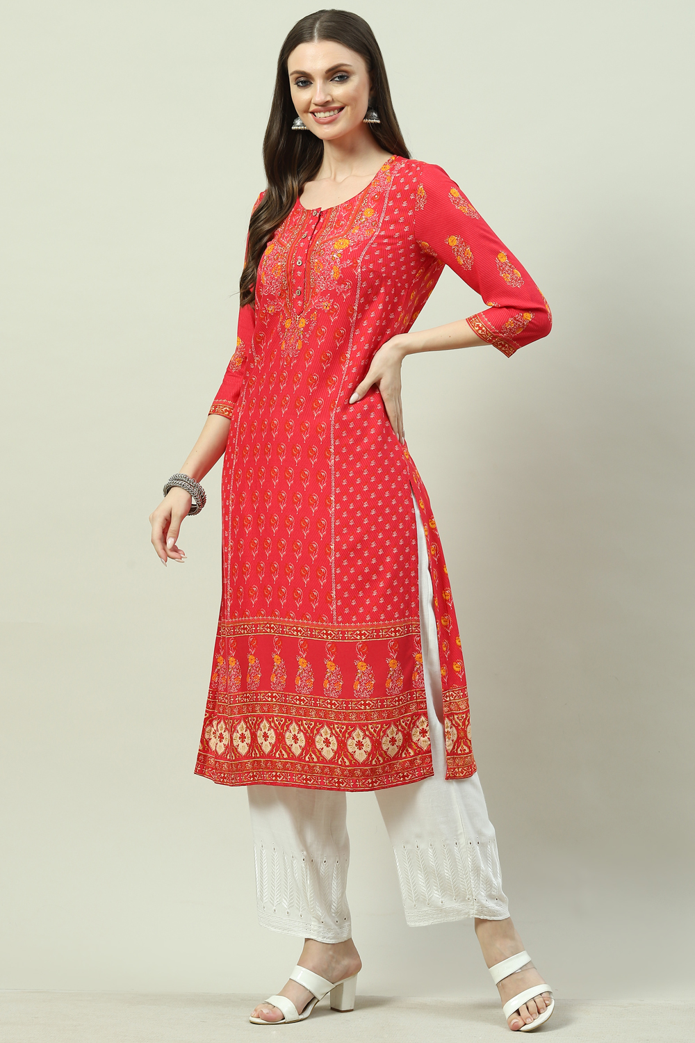 Red LIVA Straight Printed Kurta image number 0