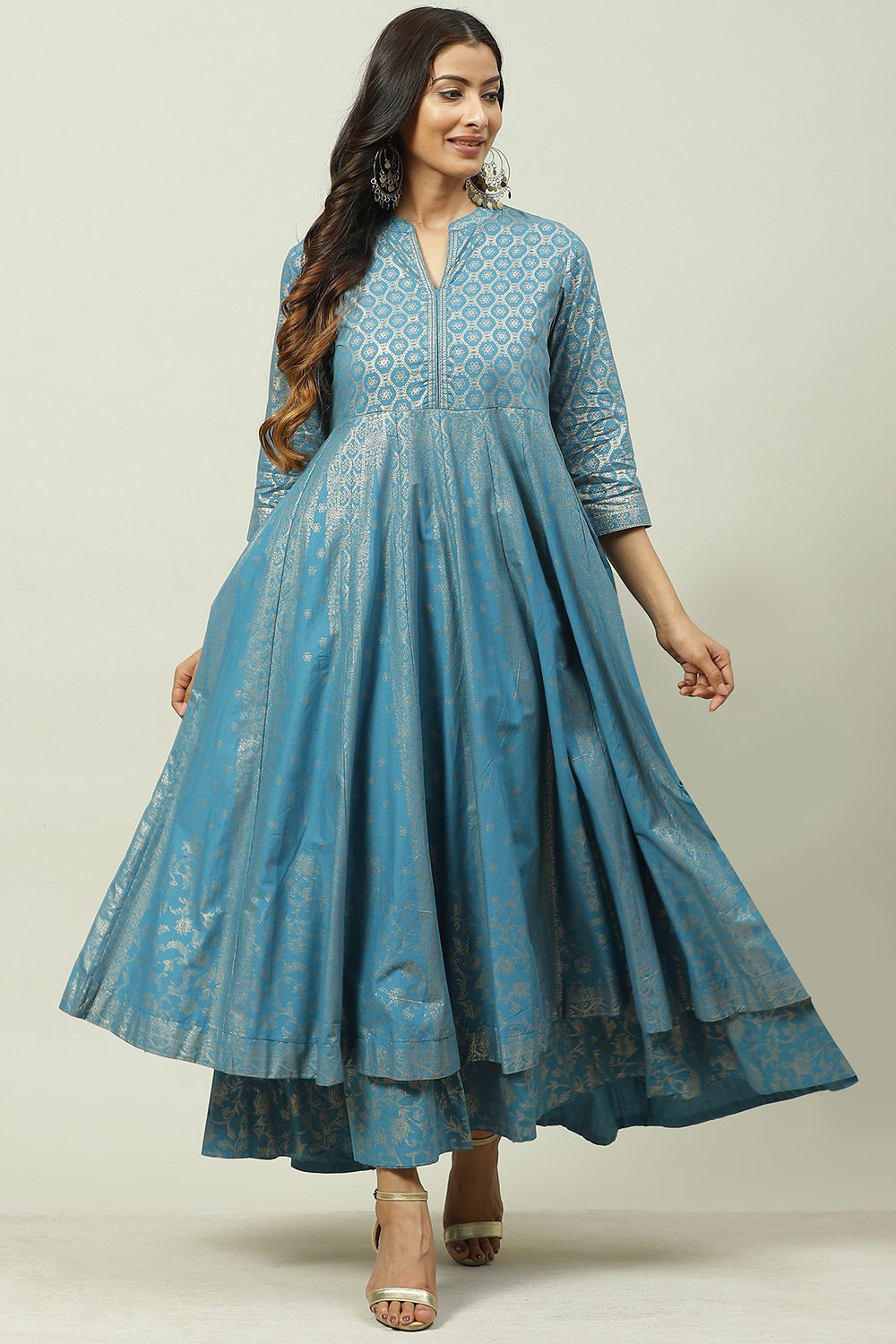 Ochre Cotton Flared Fusion Printed Dress image number 0
