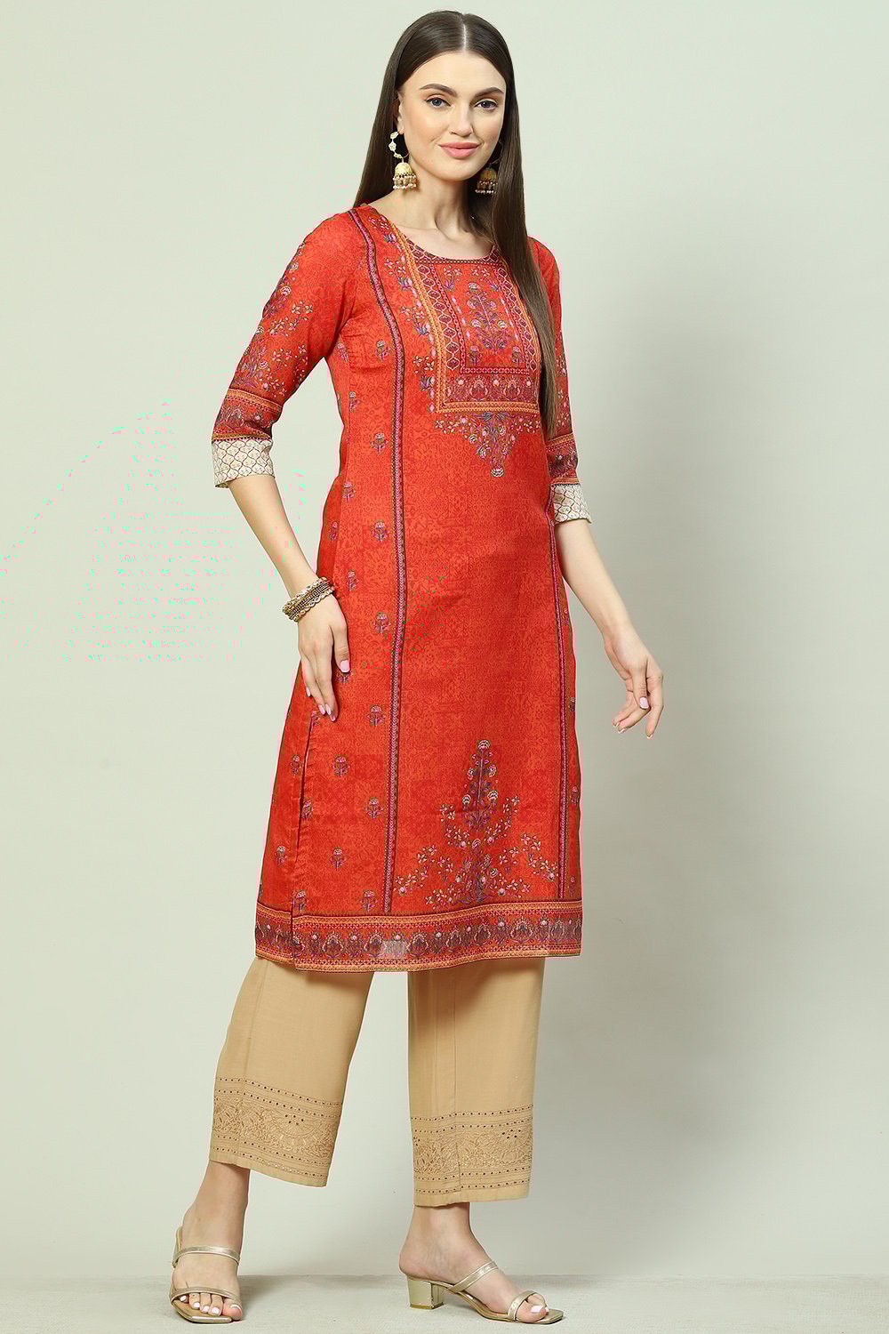 Rust A-Line Cotton Kurta image number 2