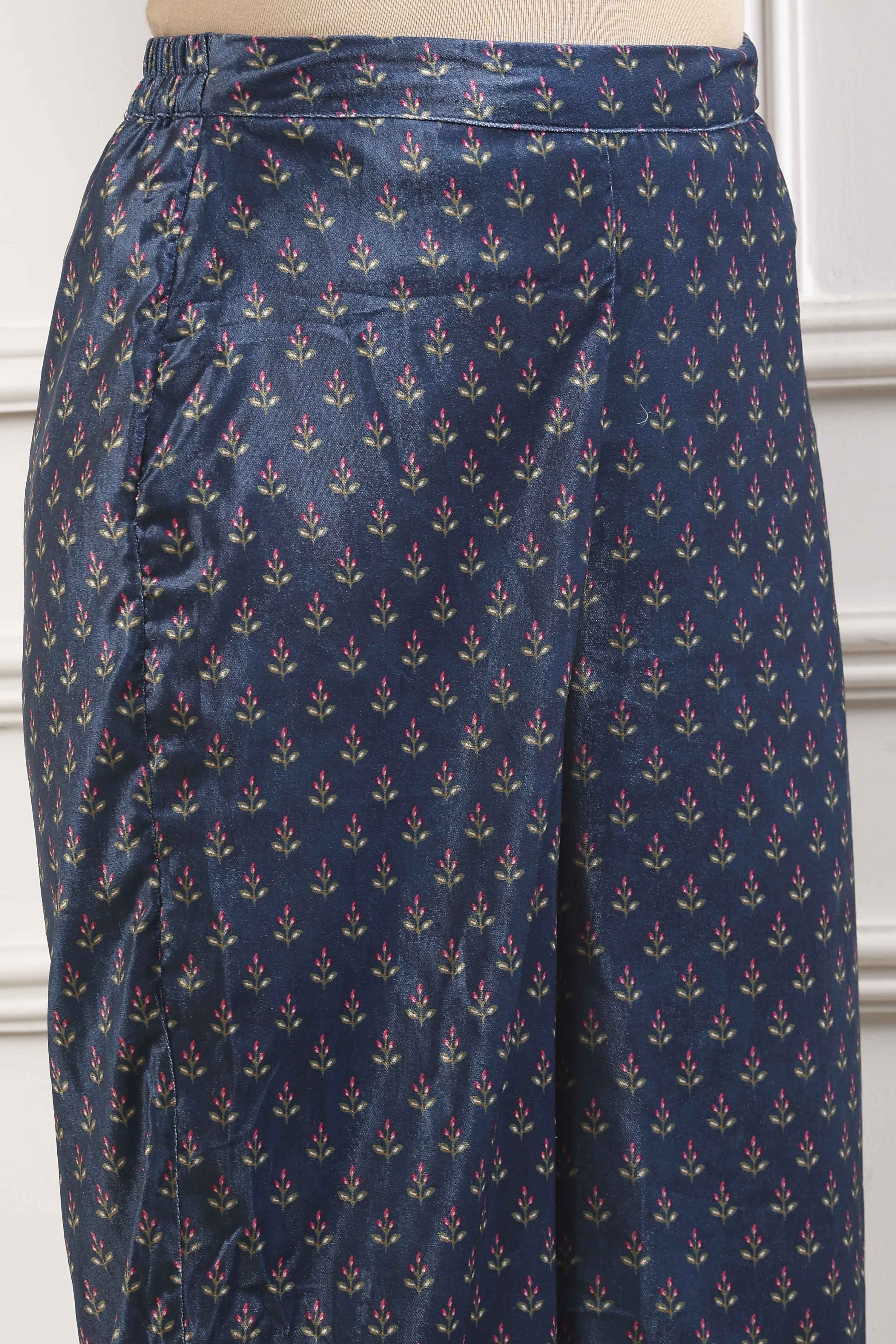 Navy Polyester Straight Printed Suit Set image number 2