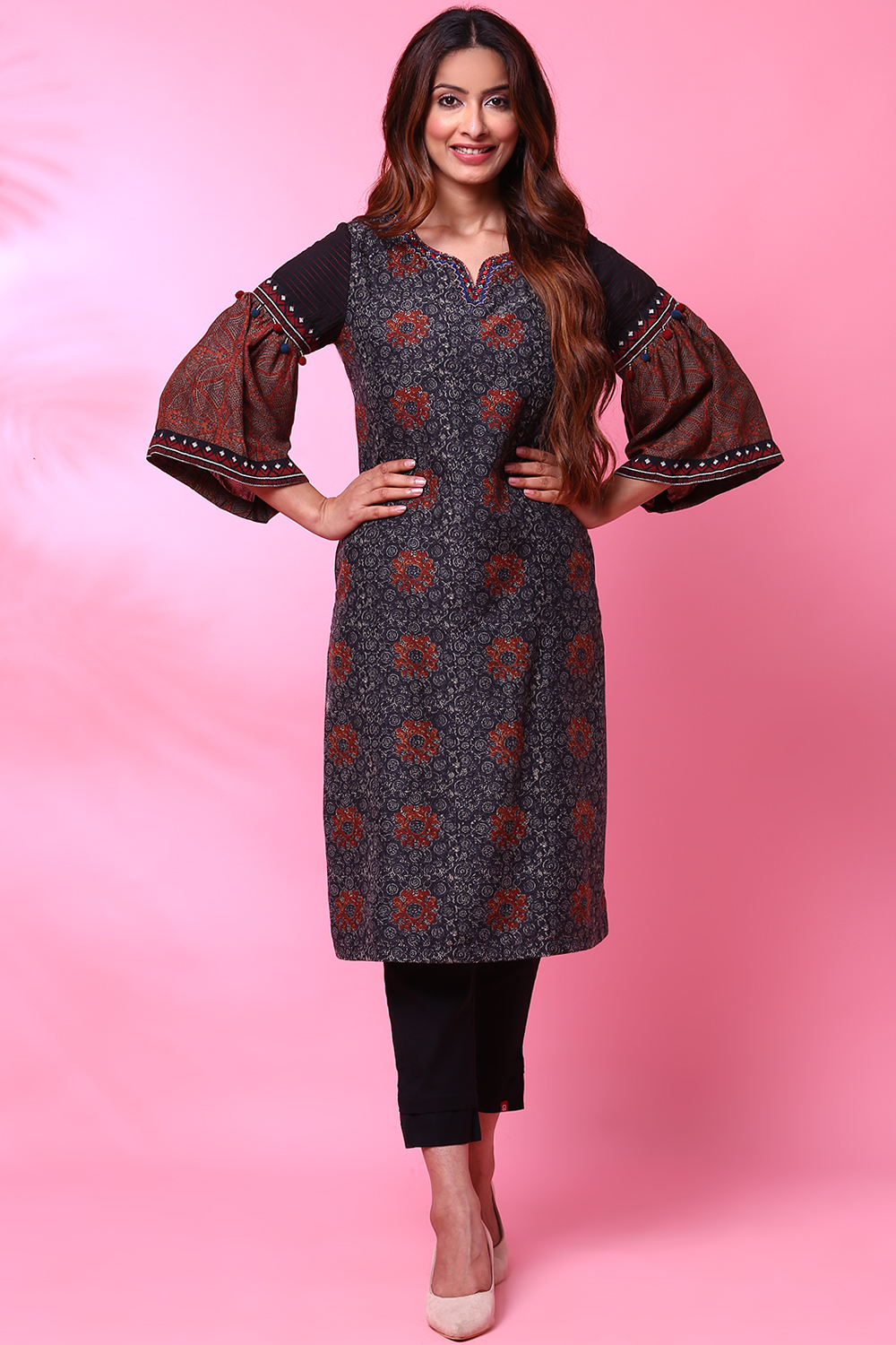 Charcoal Black Art Silk Printed Kurta Biba India