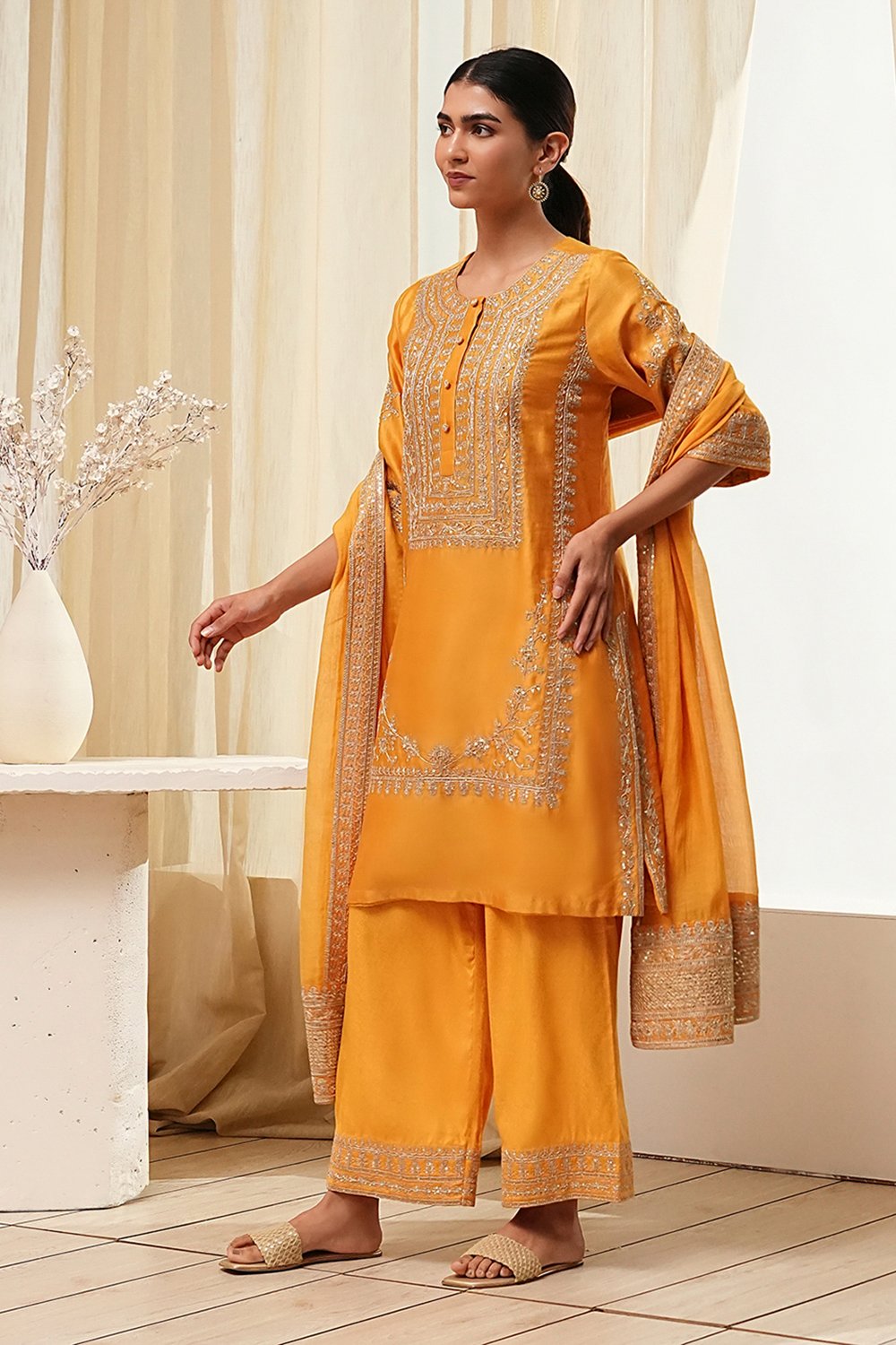 Ochre Yellow Cotton Silk Straight Suit Set image number 4