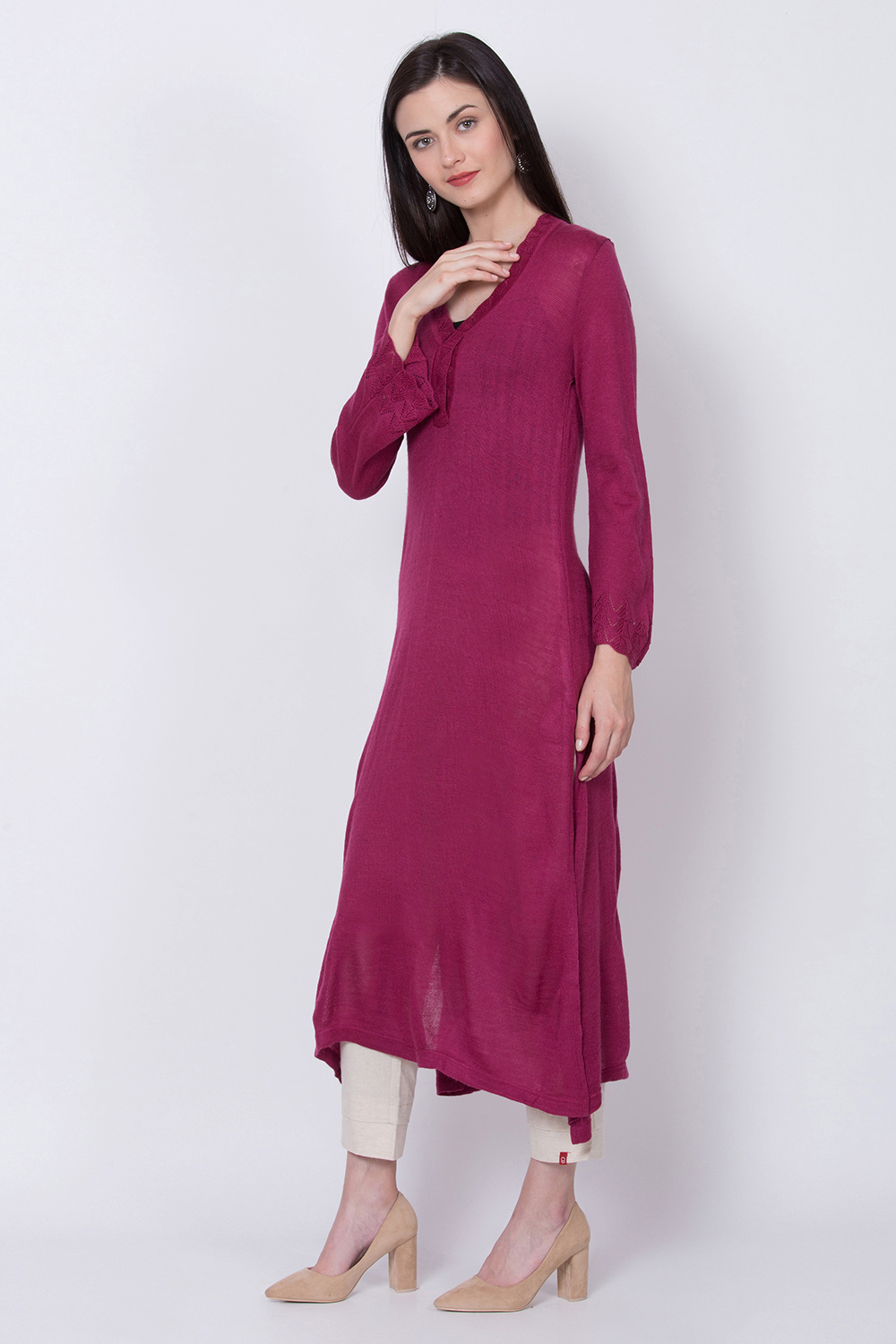 Wine Pink Acrylic And Wool Straight Solid Kurta image number 3