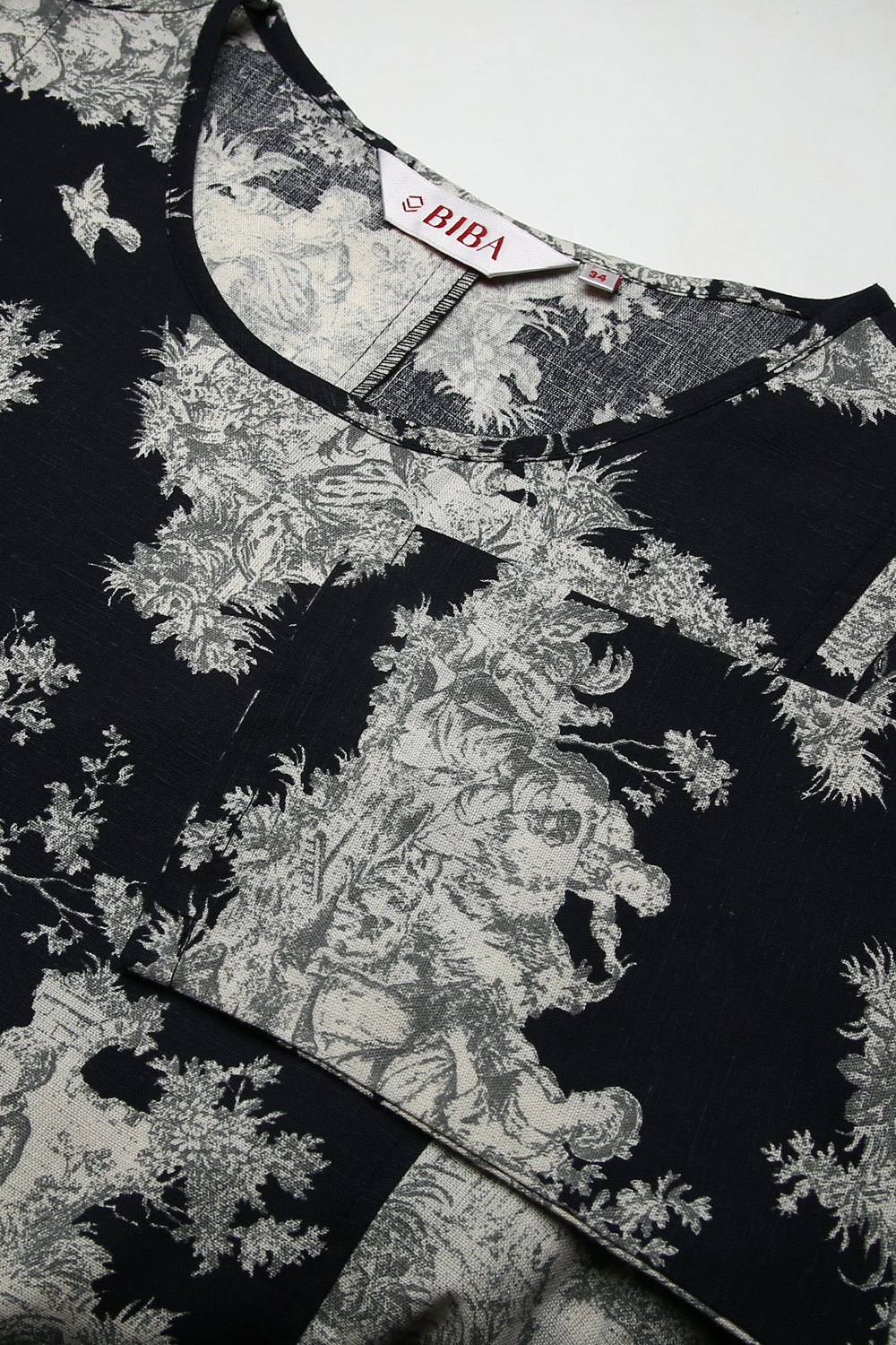 Black Cotton Flax A-line Printed Kurta Dress image number 1