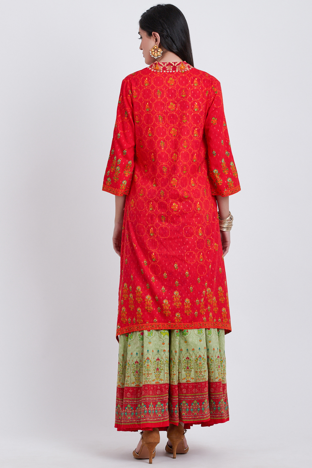 Red Metallic Cotton A-Line Printed Kurta image number 5
