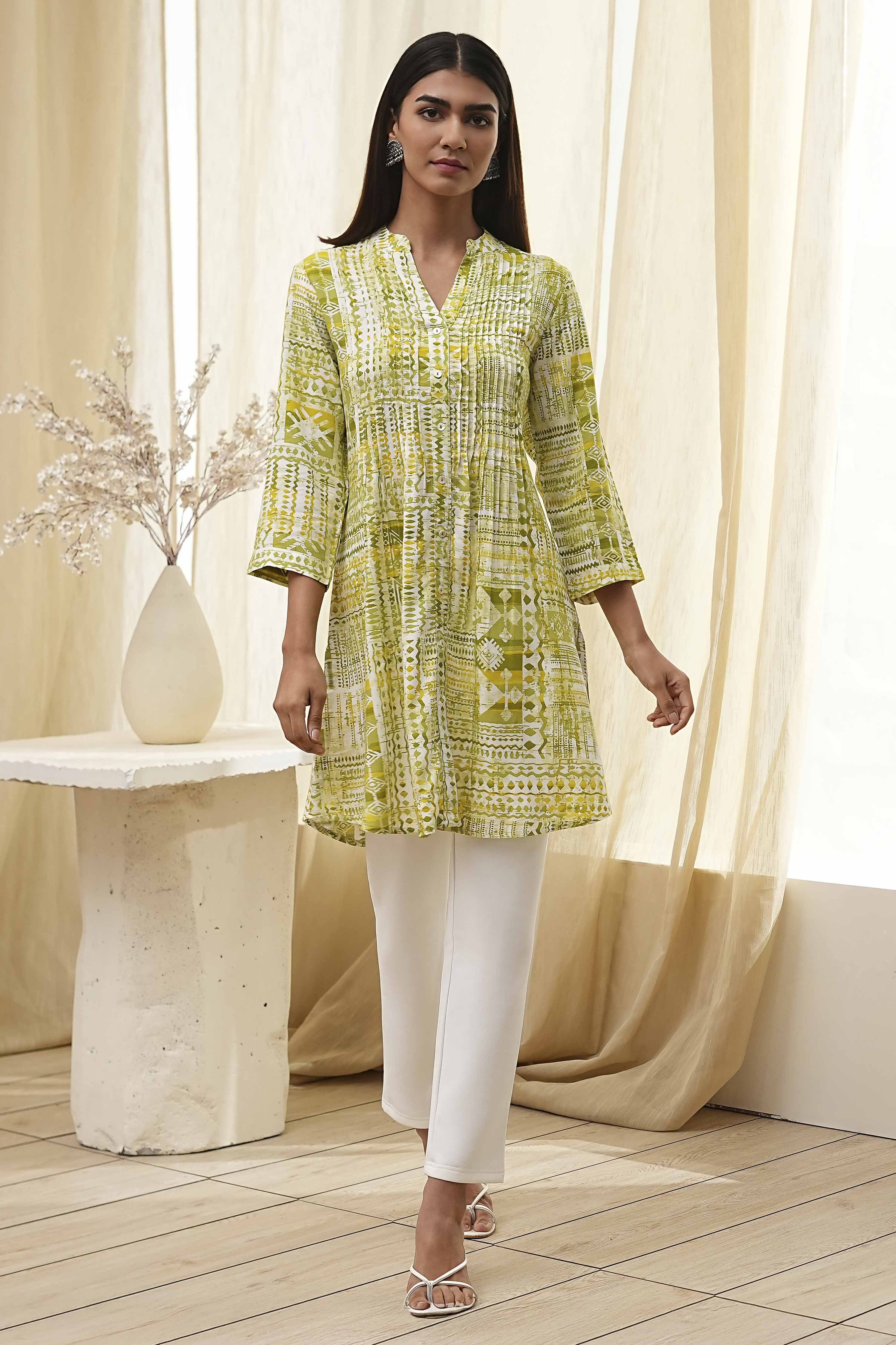 Lime Green Printed Straight Short Kurta image number 0