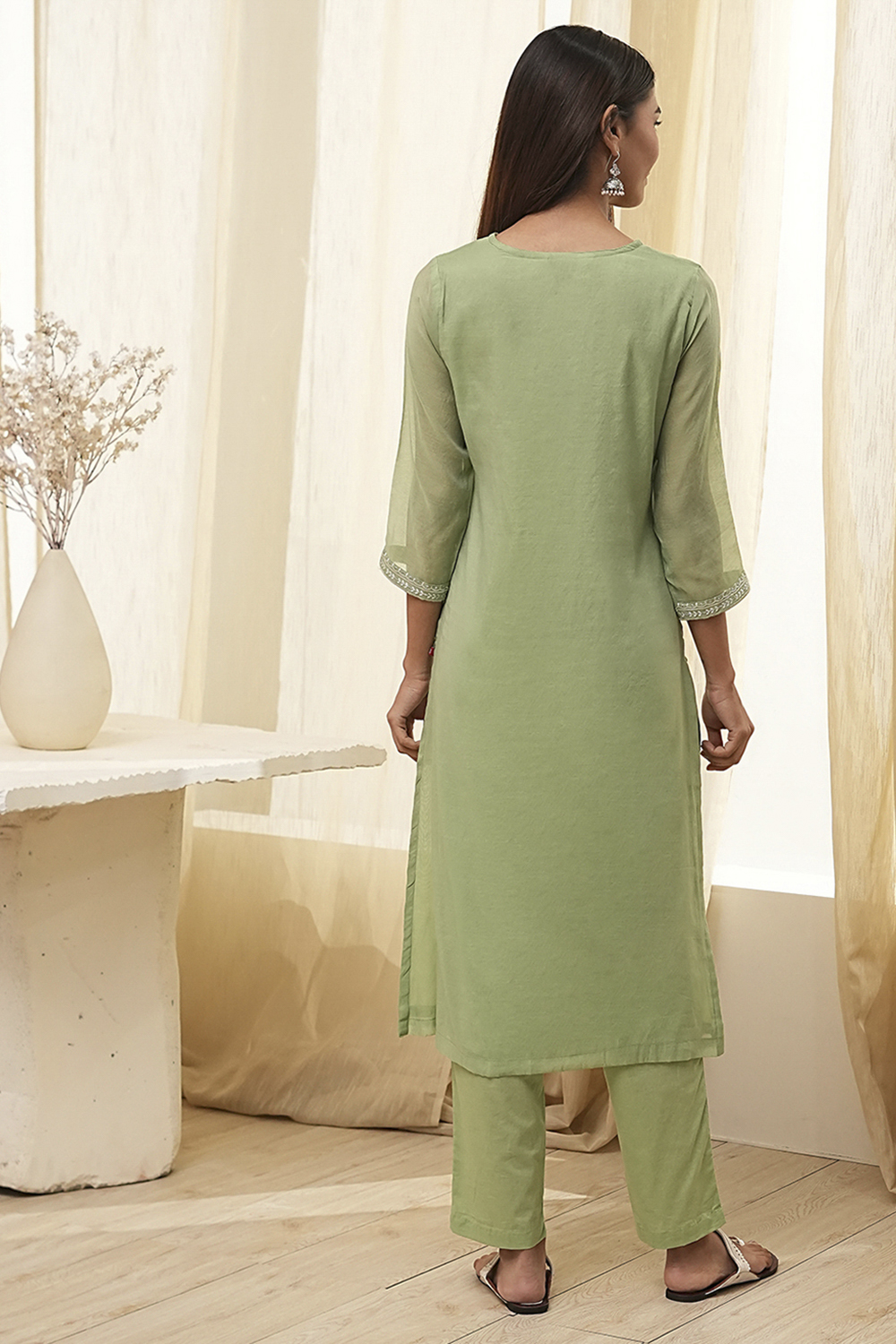 Aqua Embroidered Straight Suit Set image number 4
